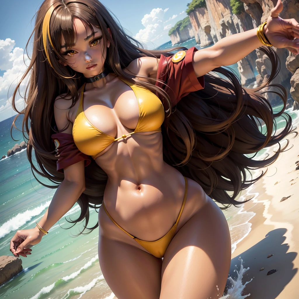 {High detailing, high quality, masterpiece, Artstation, pixiv, Anime Art 4k, cg art, SFW version} A brunette anime girl, brown skin, dark skin [dark skin: 1.5] anime girl with black hair with yellow locks, hair with merella locks, anime style girl, doing a sensual pose, wearing a red bikini, posing in a red bikini glued to the body, detailed body, tabby body, large thighs, large hips, thin waist [large breasts: 2.0], full breasts,  large breasts, yellow eyes, wind influence, [Background: beach, sea, rocks, blue sky, daytime], Expression: Happy, smiling [eyes color: honey], multicolored hair, yelow hair, black hair, blonde hair, light brown hair, gradient hair, rainbow hair, Surrealism, Conceptual art, high detail, anime, Pop art, Hyperrealism, anime style, depth of field, cinematic lighting, ray tracing, reflection light, UHD,  masterpiece, textured skin, super detail, high details, high quality, best quality, 8k, anatomically correct