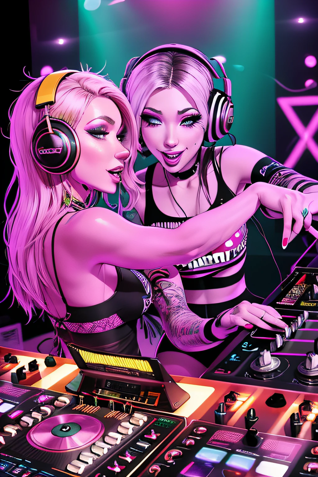 there are two women that are playing music together on a table, techno mystic goddess, playing techno house music, dj set, dj, belle delphine, dj sura, turntablism dj scratching, djing with dj turntables, anna nikonova aka newmilky, wholesome techno - shaman lady, headphones dj rave, profile picture 1024px, dj at a party