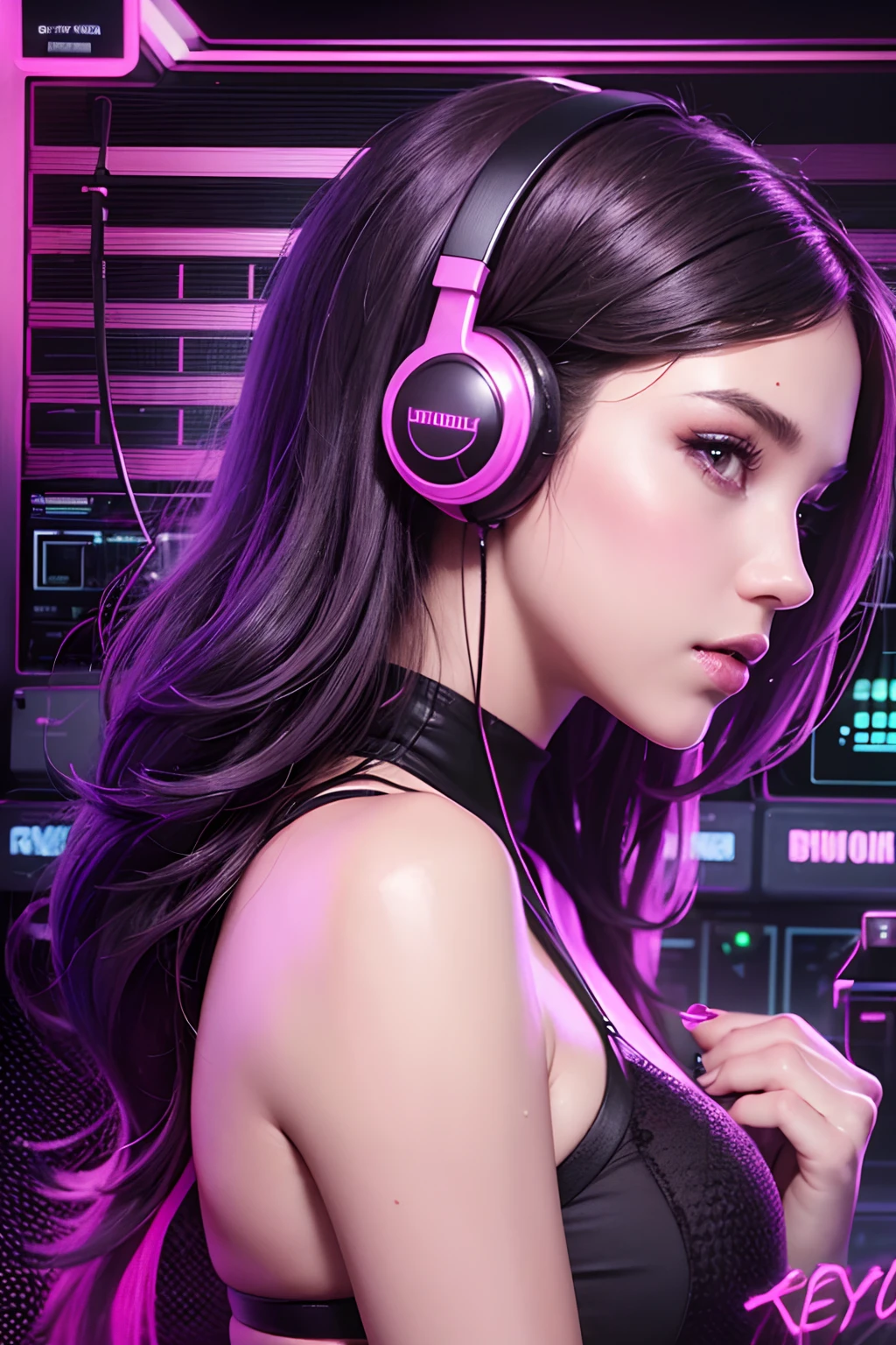 there is a woman in a black bra top and headphones playing a game, techno mystic goddess, belle delphine, twitch streamer, dark purple hair and cybernetics, ( ( ( synthwave ) ) ), inspired by Amanda Sage, synthwave style, fashwave, streaming on twitch, amouranth, still from a music video, profile picture 1024px