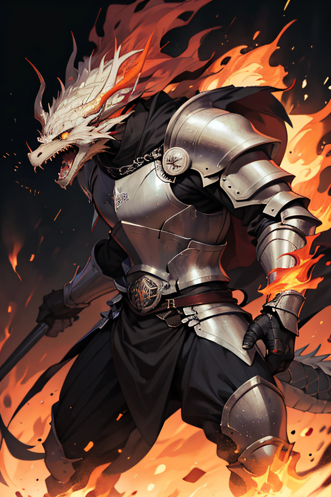 Dragon Knight Image Background in Center Background with Flames Image Lighting, Knight Heavy Dragon Armor, Dragon in the background roaring