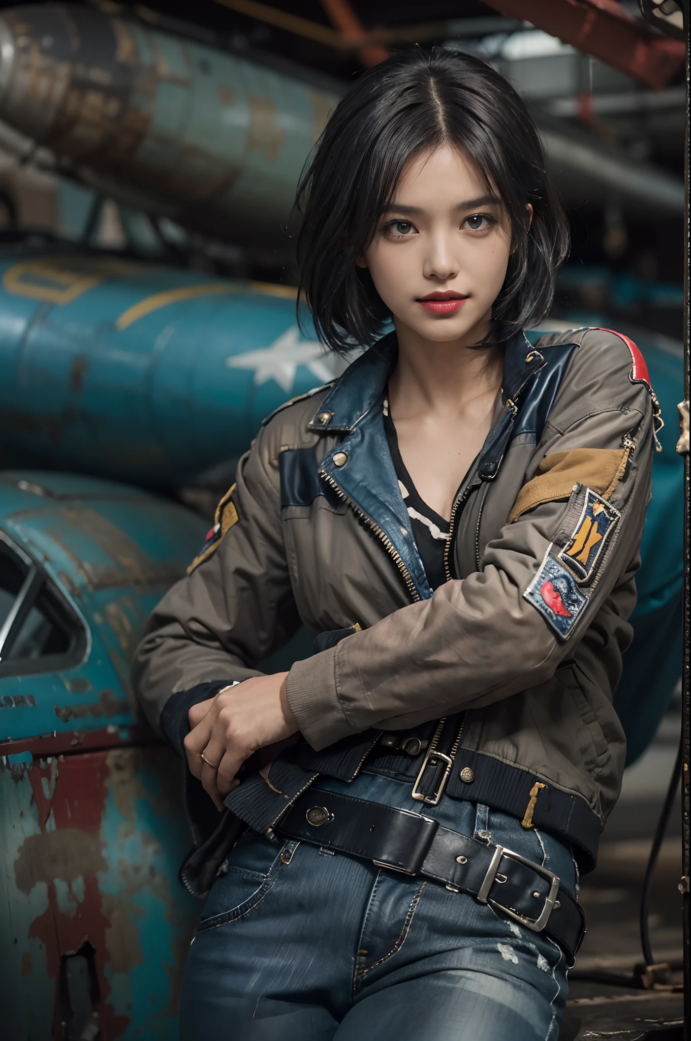 ((best quality)), ((masterpiece)), (detailed),a girl,solo,small head,small face,slim,thin,slender legs,mesmerizing and alluring female mechanic covered in grease,Confident smile
， (Dirty and rugged charm:1.2), (tough and confident demeanor:1.1), (mechanical expertise:1.3),((disheveled shoulder-length straight black bob hair)),((short pony tail)),smudged face with a playful smirk, (stained Blue camouflage jacket and blue camouflage pants clinging to her curves), (gritty tools of the trade:1.2), cluttered repair shop, scattered fighter plane parts, (authentic fighter plane ambiance:1.2), (intense gaze:1.1), gripping a wrench in her dirty hands, 8k resolution,looking at another, looking away,masterpiece, best quality,Photorealistic, ultra-high resolution, photographic light