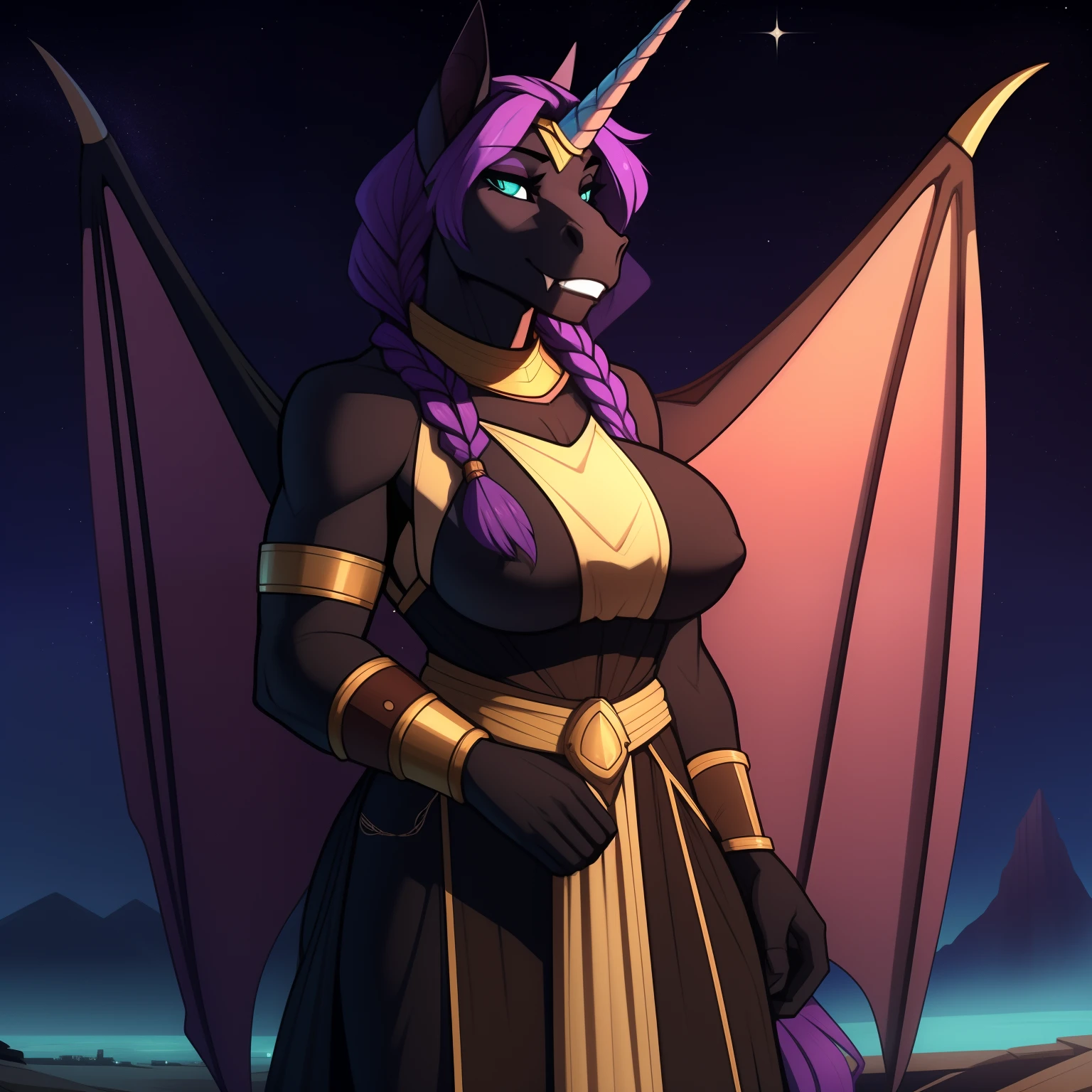 Tall_lanky_muscular_unicorn full_breasts female dark_purple_hair wavy_braided_hair black_furry_body bat_wings teal_eyes slit_pupils solo Masterpiece best_quality absurdres highly_detailed medieval_gown gorget circlet bracers cleanly_drawn_eyes fangs bat_wings purple_eyeshadow starry_sky stars_in_hair horse_snout anthro_only by_claweddrip, by_greasymojo, by_underscore-b, by_runawaystride