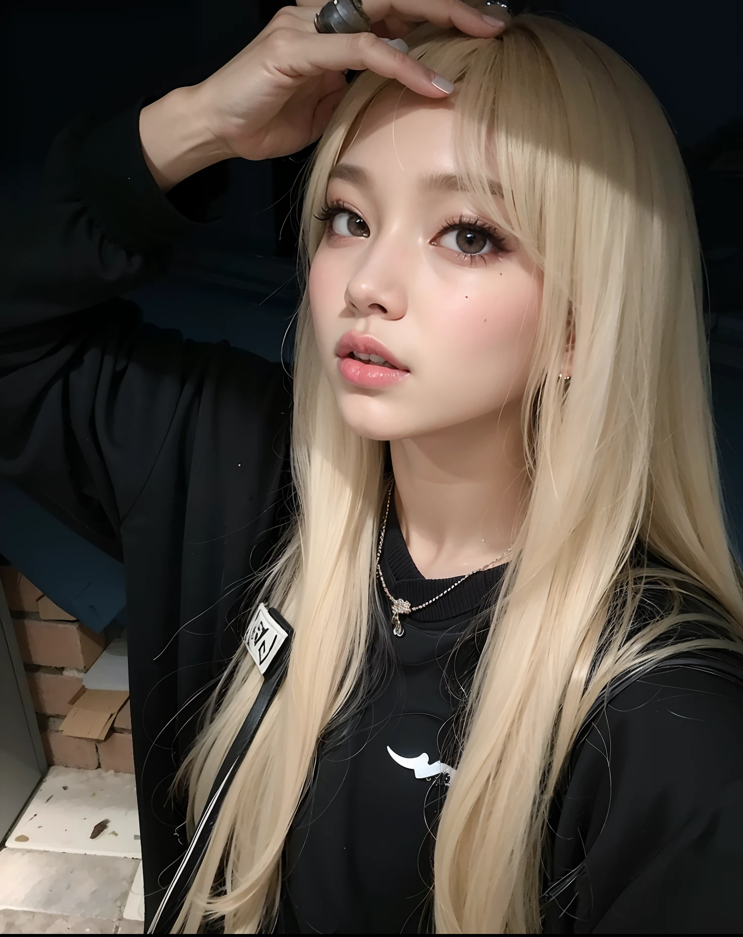 um close up de uma pessoa com cabelos longos e uma camisa preta, Lalisa Manobal, Lalisa Manoban do Blackpink, longos cabelos brancos e franja, Parque Roseanne do Blackpink, Ulzzang, com franja, com franja completa, jossi do blackpink, O corte Hime, com cabelos longos brancos, branco hime corte penteado