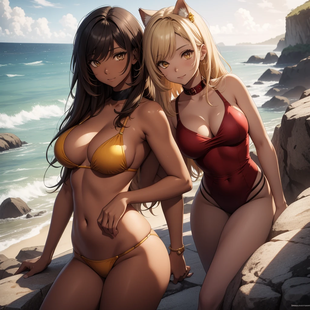{High detailing, high quality, masterpiece, Artstation, pixiv, Anime Art 4k, cg art, SFW version} A brunette anime girl, brown skin, dark skin [dark skin: 1.5] anime girl with black hair with yellow locks, hair with merella locks, anime style girl, doing a sensual pose, wearing a red bikini, posing in a red bikini glued to the body, detailed body, tabby body, large thighs, large hips, thin waist [large breasts: 2.0], full breasts,  large breasts, yellow eyes, wind influence, [Background: beach, sea, rocks, blue sky, daytime], Expression: Happy, smiling [eyes color: honey], multicolored hair, yelow hair, black hair, blonde hair, light brown hair, gradient hair, rainbow hair, Surrealism, Conceptual art, high detail, anime, Pop art, Hyperrealism, anime style, depth of field, cinematic lighting, ray tracing, reflection light, UHD,  masterpiece, textured skin, super detail, high details, high quality, best quality, 8k, anatomically correct
