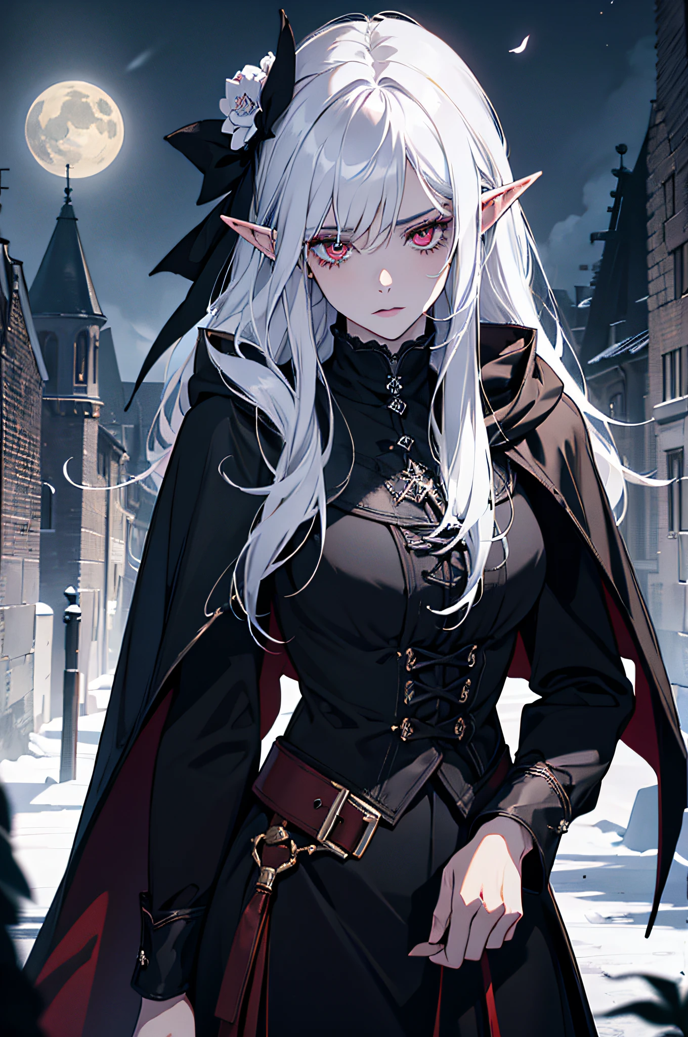 (absurdres, highres, ultra detailed), 1 woman, adult, beautiful, white girl, elf, pointy ears, long white hair, red eyes, dark makeup, finely detailed eyes and detailed face, fantasy, night, dark theme, cinematic lighting, colorful, portrait , flying petal, cloudy sky, dark forest, moon, dutch angle, cowboy shot, black clothes, dark theme, night, dark nigth, detailed eyes, dark lighting, elf, rogue, holding bow and arrow, black cape with hood