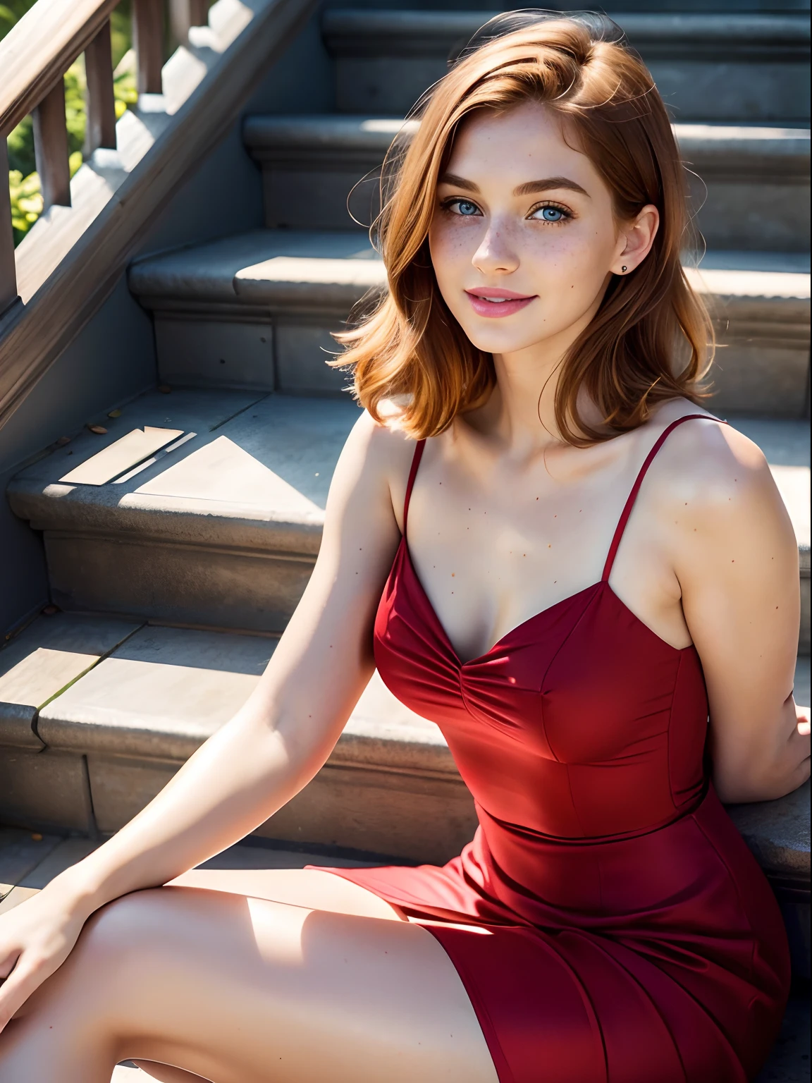 (Masterpiece), (best quality), (realistic), (Beautiful+(feminine)+((lovely))+((cute))), (round face), short straight hair, (dark ginger hair), (crystal blue eyes), beautiful eyes, almond eyes, happy eyes, (young), freckles, (cheek dimples), (shy expression), (small nose), 155cm, smiling, red lips, wearing a beautiful red dress, looking_at_viewer, sitting on the stairs
