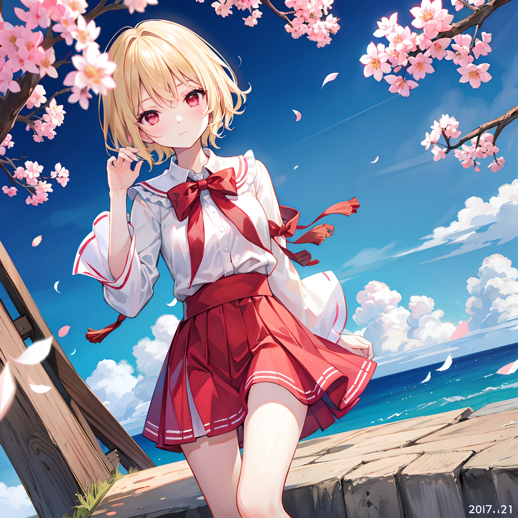 short blonde hair、Red-eyed girl、The cherry tree、graduation ceremony