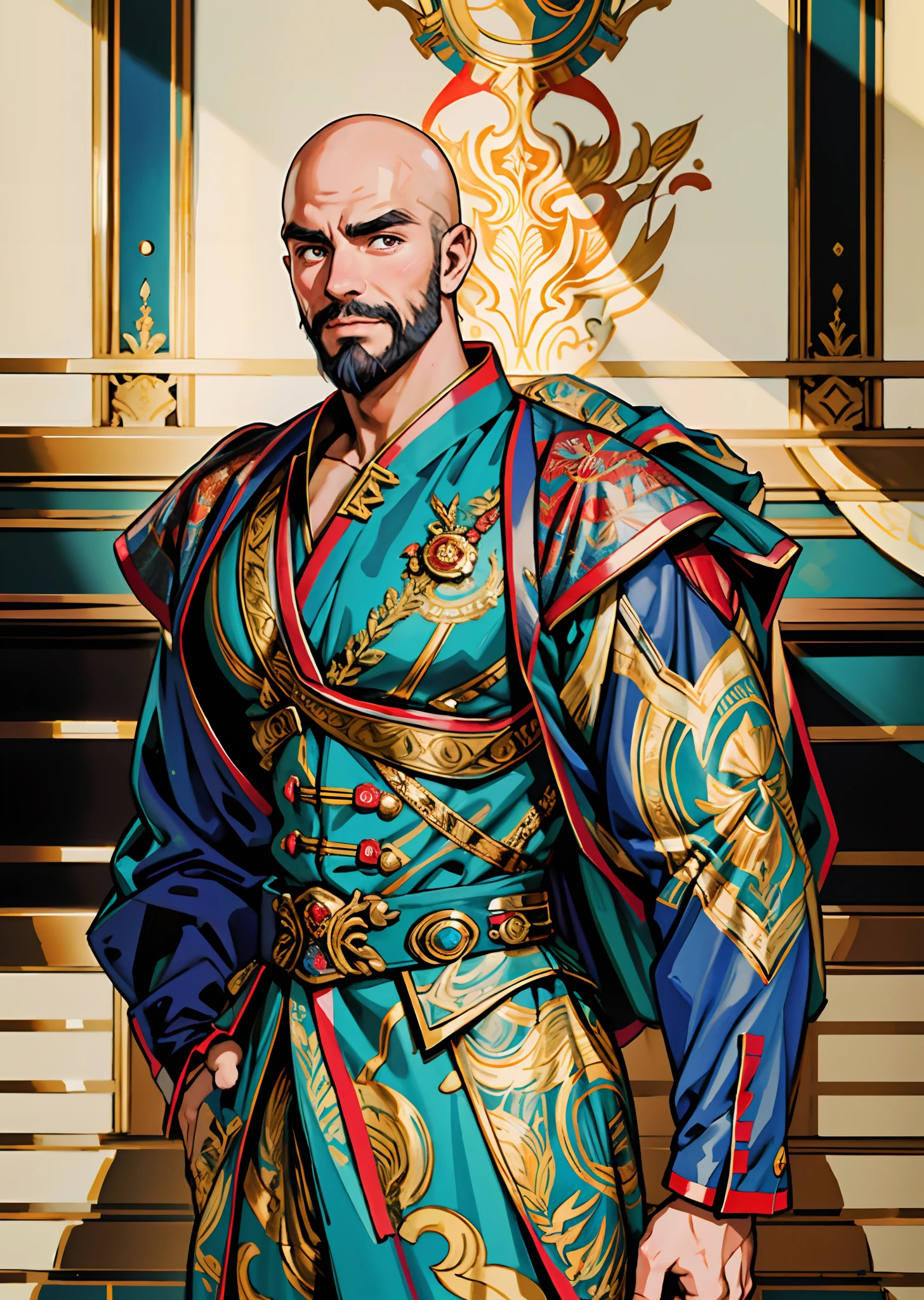 A bald middle-aged man, bold eyebrows, large and round eyes, he has a full beard, flame-shaped war paint on his face, a fantasy-style Chinese robe with intricate silk ribbons and decorations, a light-colored bodysuit, matching trousers, the scene is set in a majestic Chinese hall, this character embodies a finely crafted fantasy-style aristocratic in anime style, characterized by an exquisite and mature manga illustration art style, high definition, best quality, highres, ultra-detailed, ultra-fine painting, extremely delicate, professional, anatomically correct, symmetrical face, extremely detailed eyes and face, high quality eyes, creativity, RAW photo, UHD, 8k, Natural light, cinematic lighting, masterpiece-anatomy-perfect, masterpiece:1.5