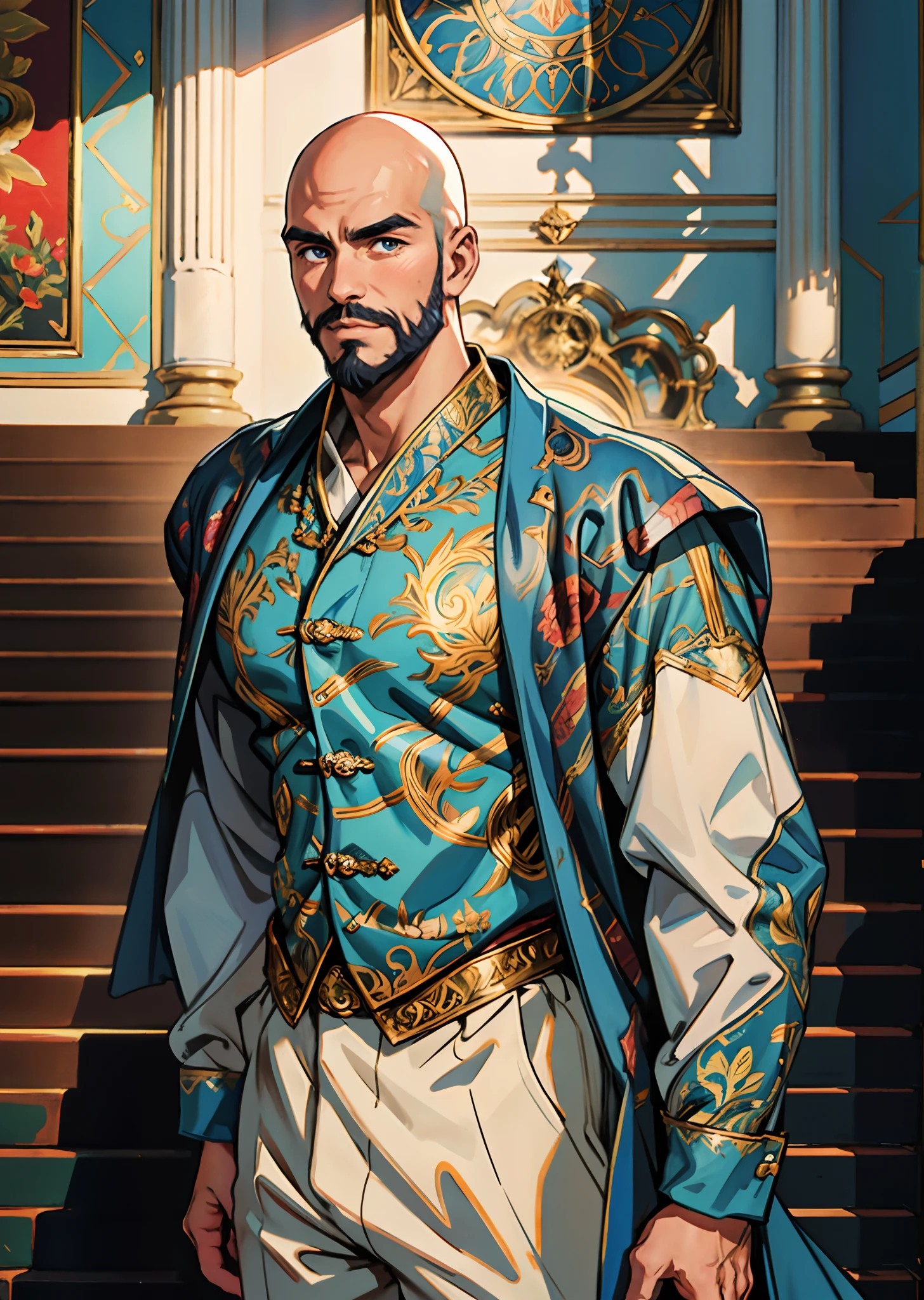 A bald middle-aged man, bold eyebrows, large and round eyes, he has a full beard, flame-shaped war paint on his face, a fantasy-style Chinese robe with intricate silk ribbons and decorations, a light-colored bodysuit, matching trousers, the scene is set in a majestic Chinese hall, this character embodies a finely crafted fantasy-style aristocratic in anime style, characterized by an exquisite and mature manga illustration art style, high definition, best quality, highres, ultra-detailed, ultra-fine painting, extremely delicate, professional, anatomically correct, symmetrical face, extremely detailed eyes and face, high quality eyes, creativity, RAW photo, UHD, 8k, Natural light, cinematic lighting, masterpiece-anatomy-perfect, masterpiece:1.5