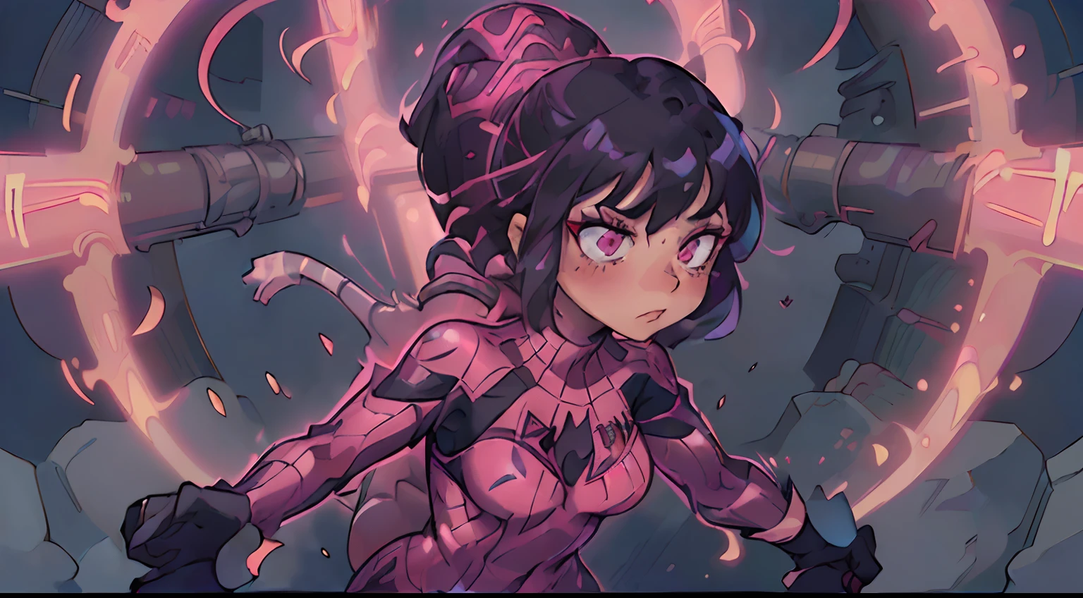 Woman in Spiderman suit, comic art style, black hair, dark pink eyes, in a silver and pink suit swinging her web