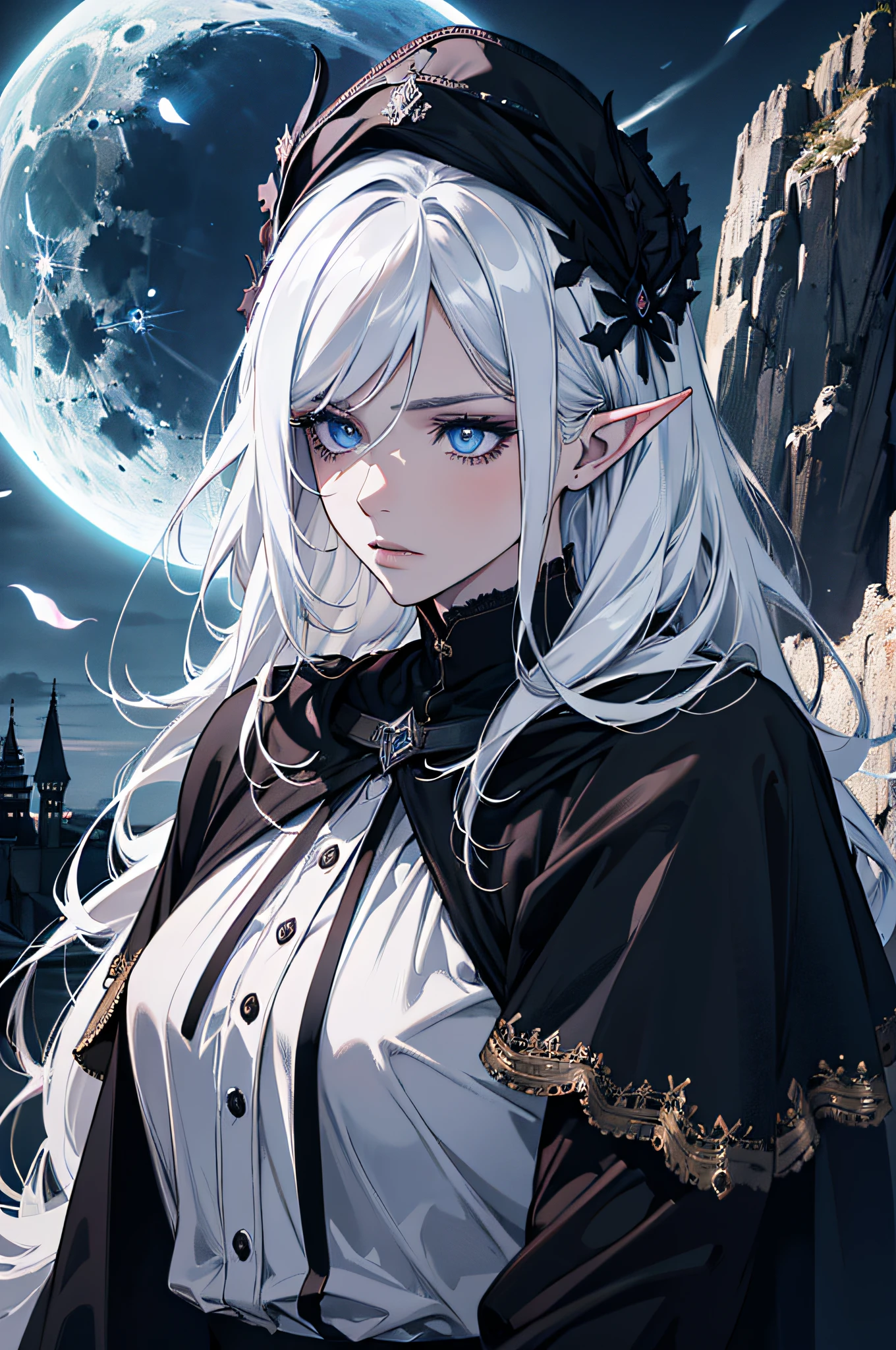 (absurdres, highres, ultra detailed), 1 woman, adult, beautiful, white girl, elf, pointy ears, long white hair, cristal blue eyes, dark makeup, finely detailed eyes and detailed face, fantasy, night, dark theme, cinematic lighting, colorful, portrait , flying petal, cloudy sky, dark forest, moon, dutch angle, cowboy shot, black clothes, dark theme, night, dark nigth, detailed eyes, dark lighting, elf, rogue, holding bow, black cape