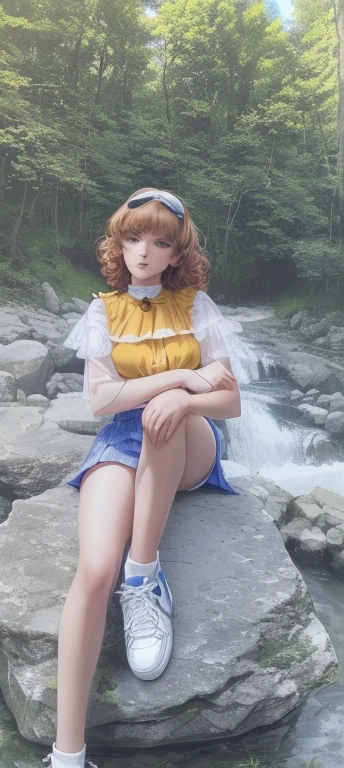 Il y a une femme assise sur un rocher dans les bois, Assis sur un rocher, Sitting in the forest, sitting by a river, next to a waterfall, Assis sur des rochers, sur un rocher, dans la nature, En montagne, En montagne, in the forest, assis par terre, short curly blonde haired girl, Dans le style de Petra Collins