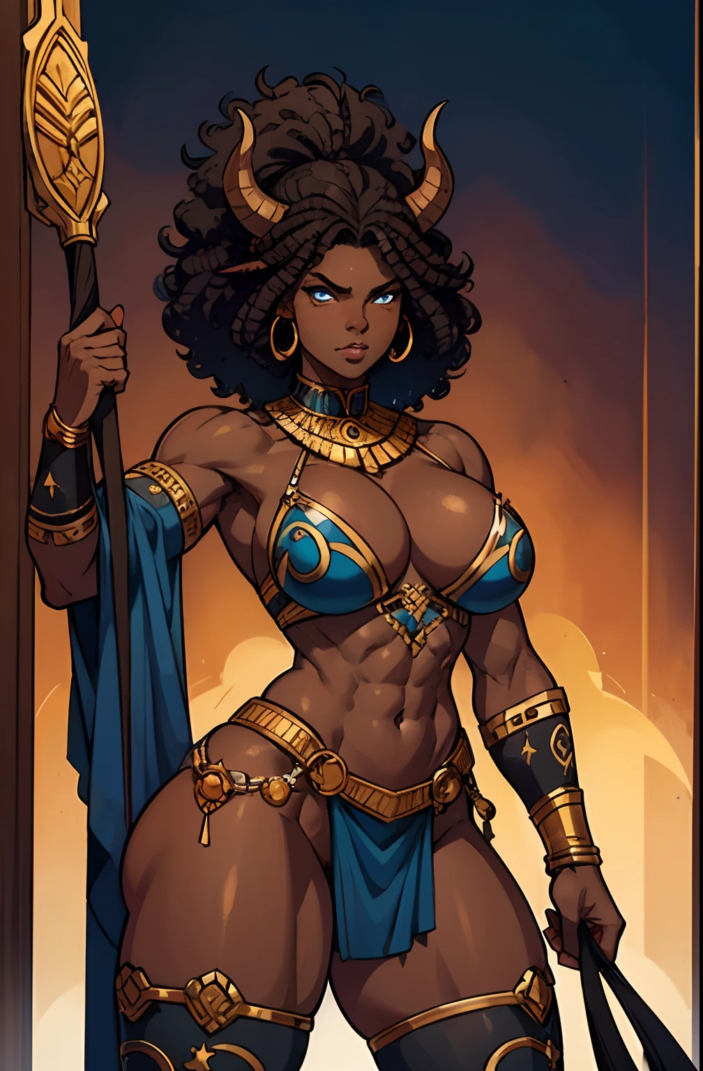 dark skin, ebony, deep ebony woman. African Hair. Afro curly Hair. Blue Eyes. Tribal Fighting Clothed. Golden Details. Bull Horns. Bull Tail. Hooves. Beastwoman. Very muscled. Muscled abs. Muscled biceps. Wide shoulders. Amazon warrior.