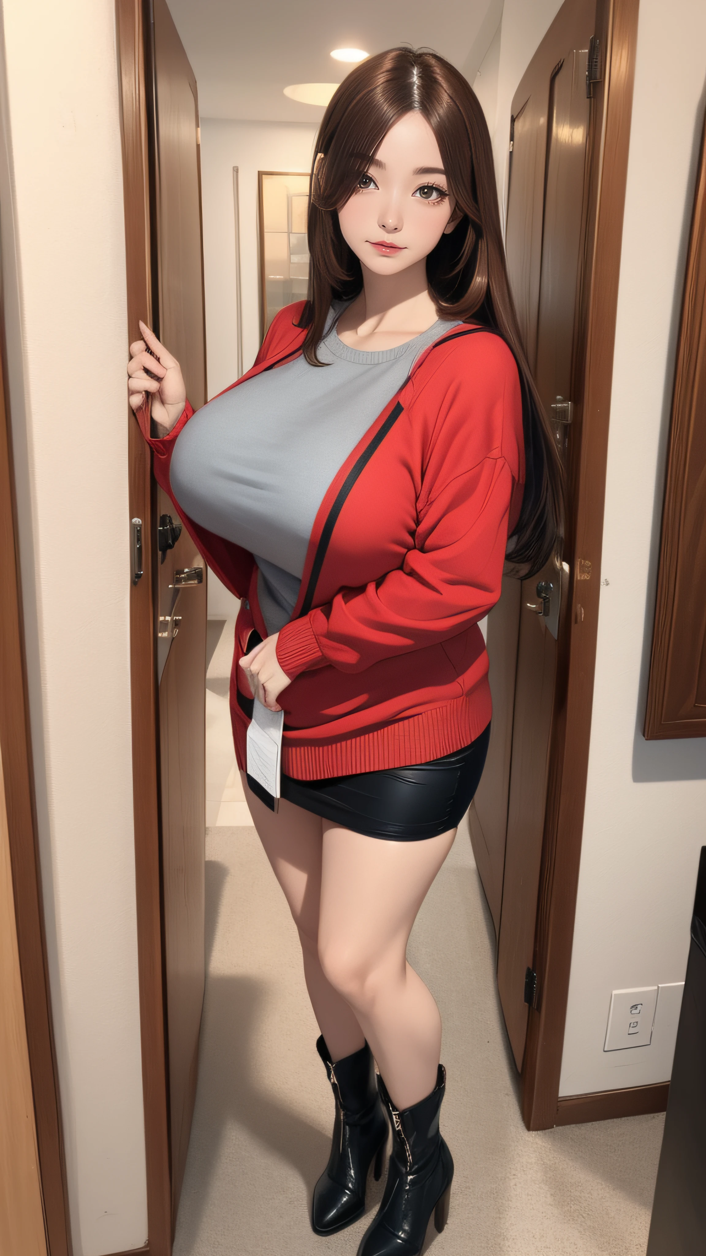 walk,park,full body,(ultra detailed skin),curvy,petite,beautiful breasts,large breasts,pale skin,pointy breasts,erect nipples,(Hyperrealist portrait,(8k),ultra-realistic,high detail,high resolution,best quality,masterpiece,Sense of presence,Dynamic,bold),(thin hair),(soft hair),(straight hair:1.5),Swept long bangs,extra light coppery amber hair,hair over one eye,baggy sweater with long hem,tight mini skirt,stockings,Engineer boot,spread arms
