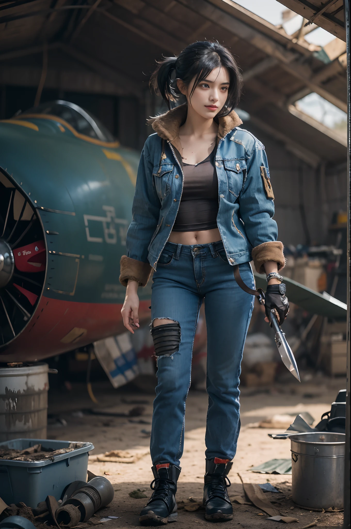 ((best quality)), ((masterpiece)), (detailed),a girl,solo,small head,small face,slim,thin,mesmerizing and alluring female mechanic covered in grease,Confident smile
， (Dirty and rugged charm:1.2), (tough and confident demeanor:1.1), (mechanical expertise:1.3),((disheveled shoulder-length straight black bob hair)),((short pony tail)),smudged face with a playful smirk, (stained blue jacket and blue pants clinging to her curves), (gritty tools of the trade:1.2), cluttered repair shop, scattered fighter plane parts, (authentic fighter plane ambiance:1.2), (intense gaze:1.1), gripping a wrench in her dirty hands, 8k resolution,looking at another, looking away,masterpiece, best quality,Photorealistic, ultra-high resolution, photographic light