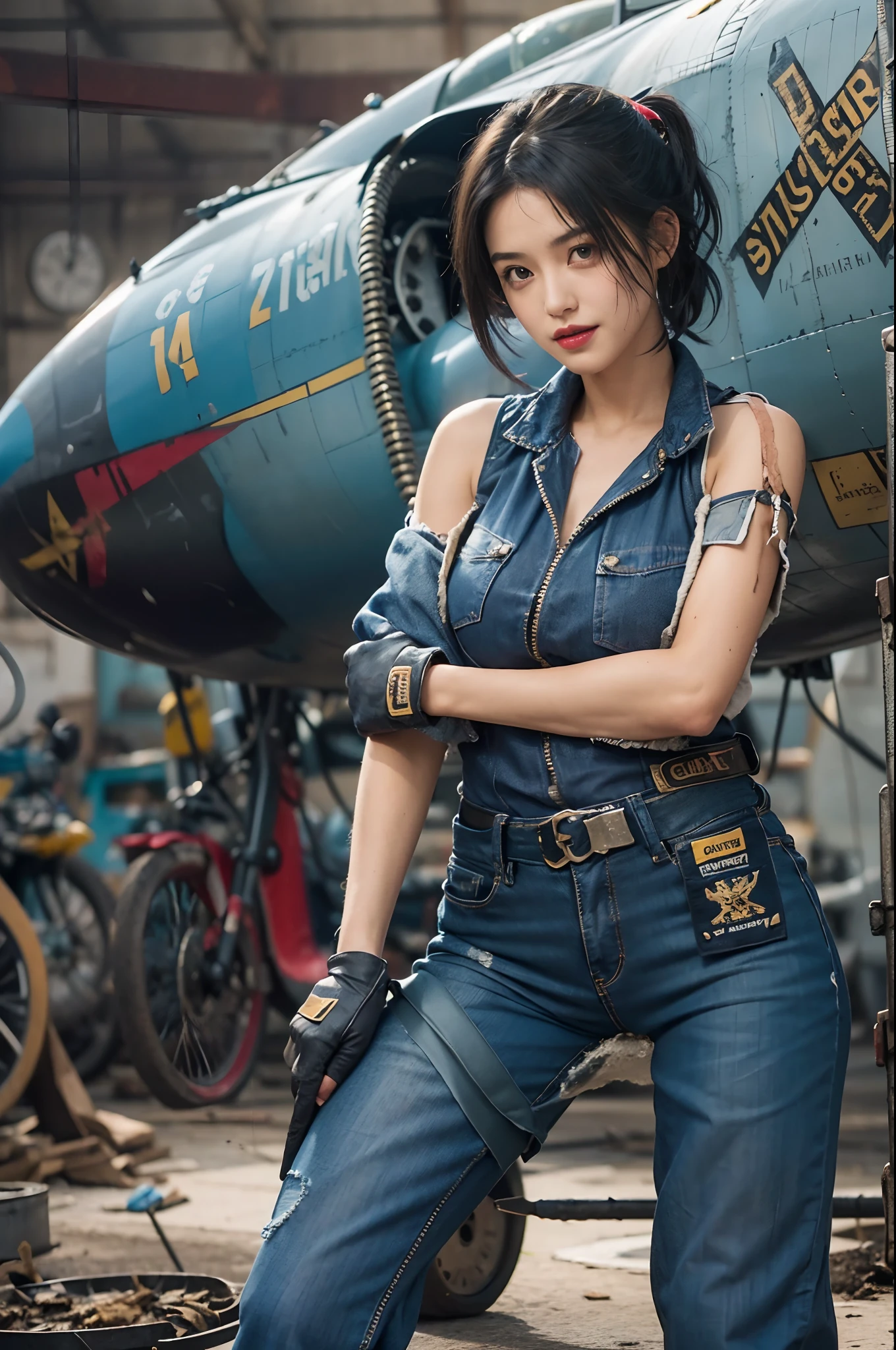 ((best quality)), ((masterpiece)), (detailed),a girl,solo,small head,small face,slim,thin,mesmerizing and alluring female mechanic covered in grease,Confident smile
， (Dirty and rugged charm:1.2), (tough and confident demeanor:1.1), (mechanical expertise:1.3),((disheveled shoulder-length straight black bob hair)),((short pony tail)),smudged face with a playful smirk, (stained blue jacket and blue pants clinging to her curves), (gritty tools of the trade:1.2), cluttered repair shop, scattered fighter plane parts, (authentic fighter plane ambiance:1.2), (intense gaze:1.1), gripping a wrench in her dirty hands, 8k resolution,looking at another, looking away,masterpiece, best quality,Photorealistic, ultra-high resolution, photographic light