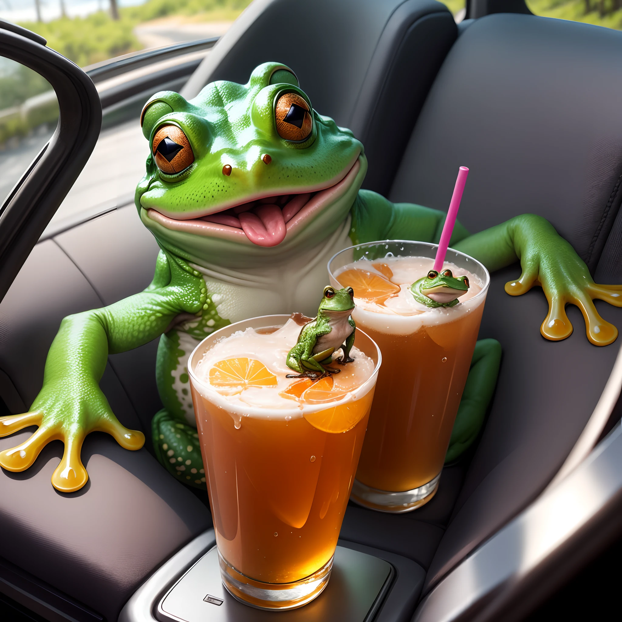 Humanoid frog drinking and driving