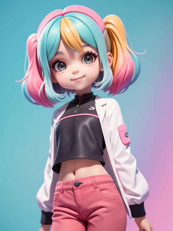 (obra-prima), (melhor qualidade), (ultra-detalhado), (corpo inteiro: 1.2) loli menina loira, negra, pants and mini blouse, sorriso claro, corpo inteiro, :3, cabelo multicolor, curto, preso, pavor, moderno, Modern accessories, fundo tom pastel , colorido e simples.