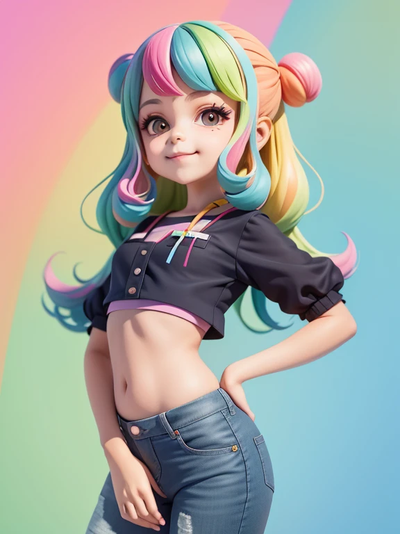 (obra-prima), (melhor qualidade), (ultra-detalhado), (corpo inteiro: 1.2) loli menina loira, negra, pants and mini blouse, sorriso claro, corpo inteiro, :3, cabelo multicolor, curto, preso, pavor, moderno, Modern accessories, fundo tom pastel , colorido e simples.