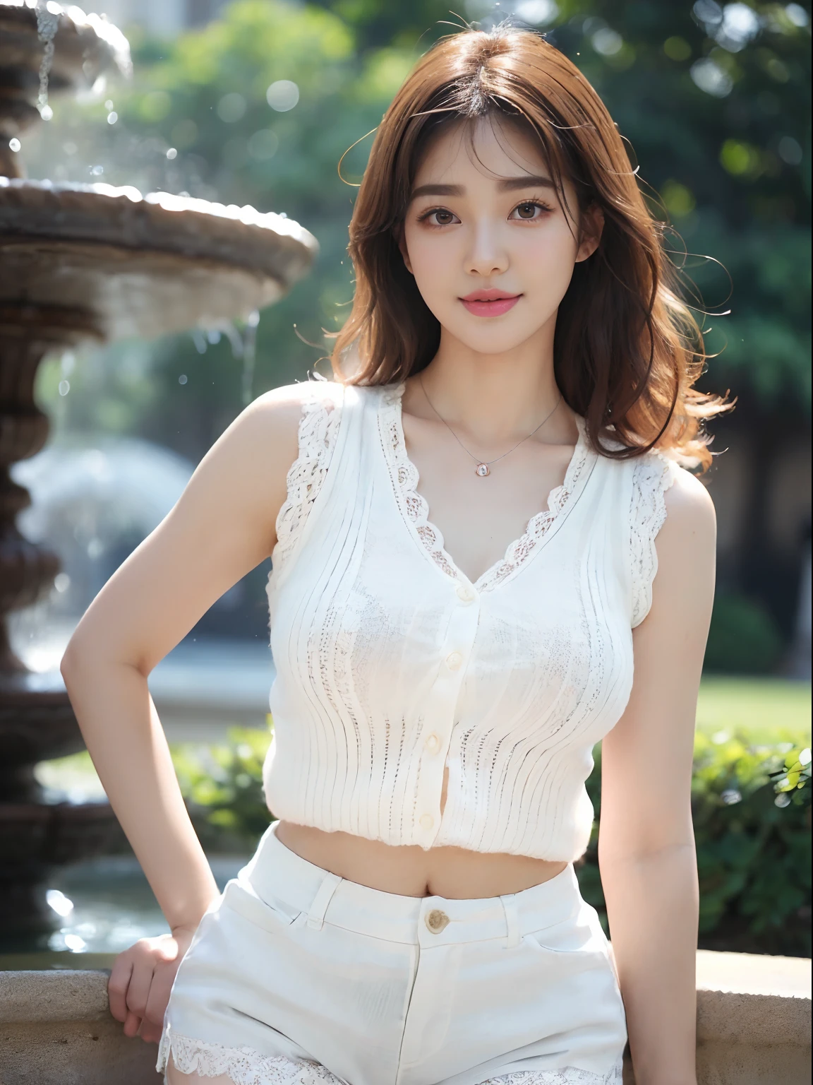 ((((top-quality))))、(((Ultra Precision CG16K Wallpapers)))、(((masterpiece)))、(((ultra-detailliert)))、(((Ultra-extreme details)))、One woman、a matural female、a 25yo woman、((Korean Face))、((extremely beautiful face))、((Korean Idols:1.8))、((Semi-long cut、curly hair:1.2))、(shinny hair)、Bangs up to the eyebrows、Beautiful brown hair、Beautiful delicate eyes、Brown eyes、lofty nose、small nostrils、seductive lips、slightly open mouth、Beautiful breasts、C-cup size breasts、cleavage of the breast、Plump body、perfectly proportions、perfect anatomia、Beautiful and detailed shading、Beautiful natural lighting、Beautiful detail glow、depth of fields、(((a high chroma)))、((realisitic:1.9))、((Vivid:1.4))、((Beautiful skin))、((Skin texture))、((Realistic skin feeling))、perfect-composition、((Head-to-thigh shot))、((Angle of view from the front))、((a smile:1.2))、(Eyes looking at me)、Bright sunshine、((Walking in the flower garden:1.2))、(Blur the background)、((Wearing a white sleeveless lace knitted shirt、Wearing white shorts:1.5))、(a necklace)、