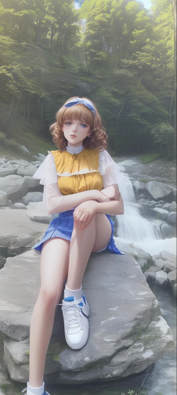 Il y a une femme assise sur un rocher dans les bois, Assis sur un rocher, Sitting in the forest, sitting by a river, next to a waterfall, Assis sur des rochers, sur un rocher, dans la nature, En montagne, En montagne, in the forest, assis par terre, short curly blonde haired girl, Dans le style de Petra Collins