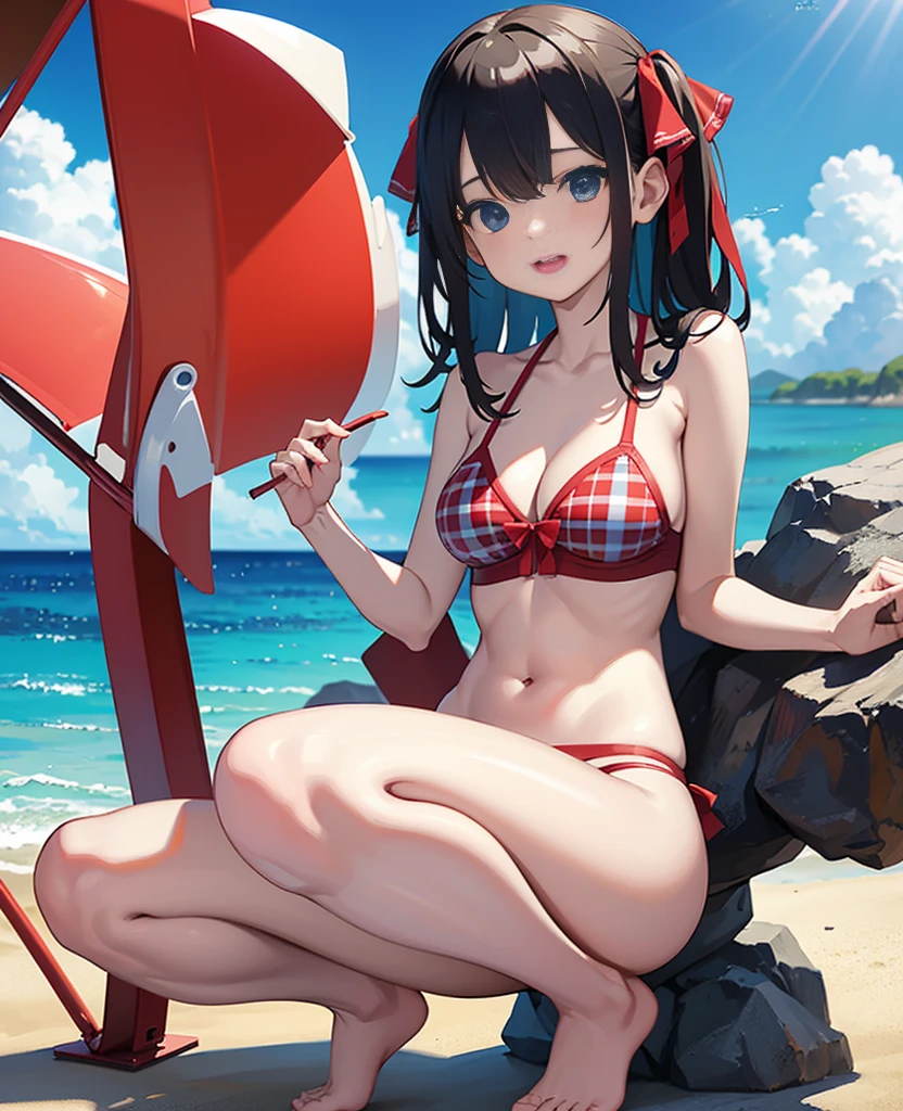 8K、(masterpiece)、top-quality、Ultra Real 8K、erfect artwork、Cute spoofed face、Lori、C Cup、Squat with crotch open、Red checked bikini、String bikini、sexypose、Blue Sea、blue open sky、Beach