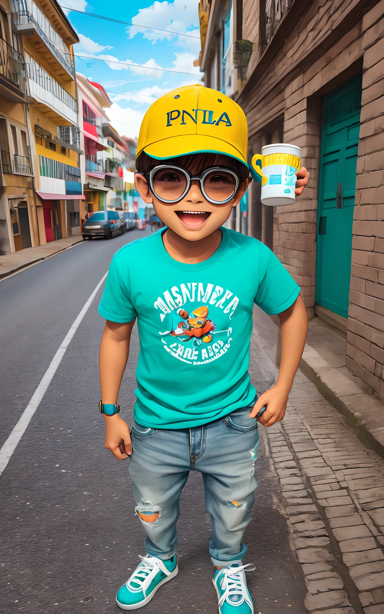 4 year old, Brown hair, ojs rasgados color pardo, piel blanca, con gorro de duende azulcon borde amarillo, camiseta naranja y sobre ella una camisa tropical en colores naranjo qzul y amarillo, short negro englobado con suspensores, cinturon naranjo con evilla dorada, pantis a rayas naranjas y blancas y botines en punta azules con pompon amarillo en la punta.