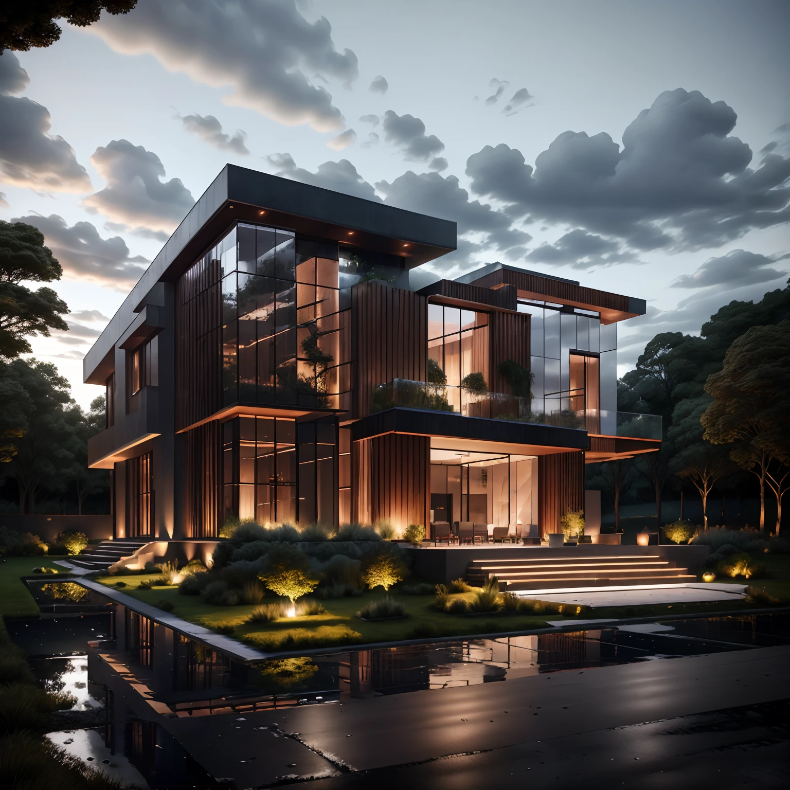 mordenhouse, house, glass house with a sloping roof, modern, dynamic (RAW photo, real, best quality, masterpiece:1.2), (hyper realistic, photo-realistic:1.2), high quality, (dark lighting:1.2), perfect lighting, archdaily