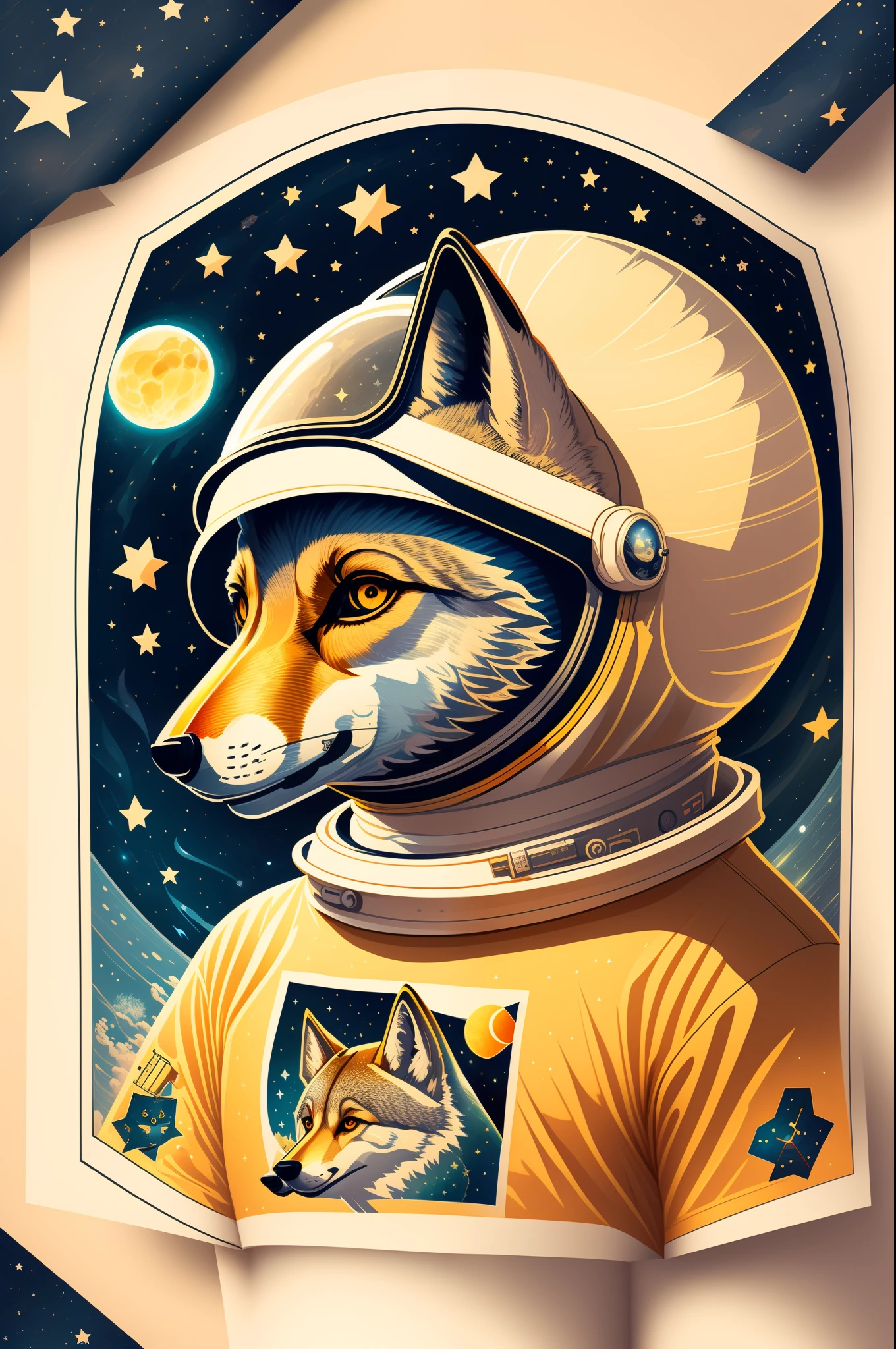 Illustration de loups astronaute, espace, Fiction scientifique, Personnage mignon, Fond clair, Fond d’éclaboussures abstraites, Conception de t-shirt, Art vectoriel