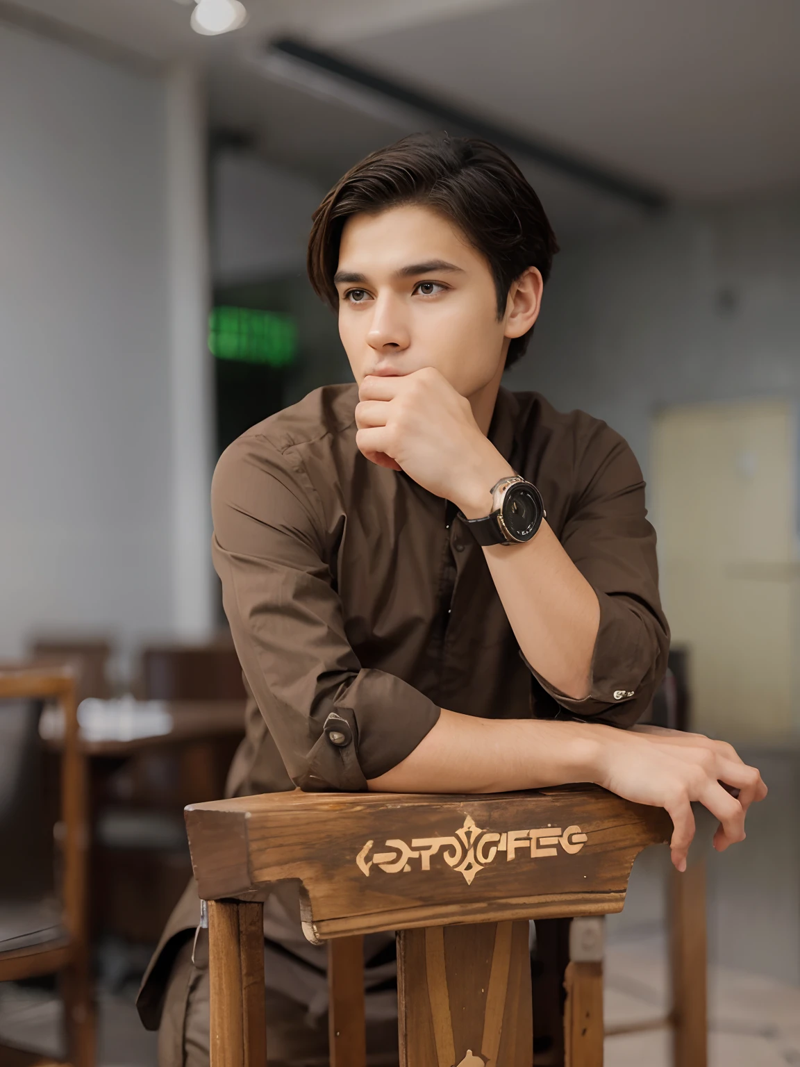Boy with coffee futuristic background realisti
c realistic face
