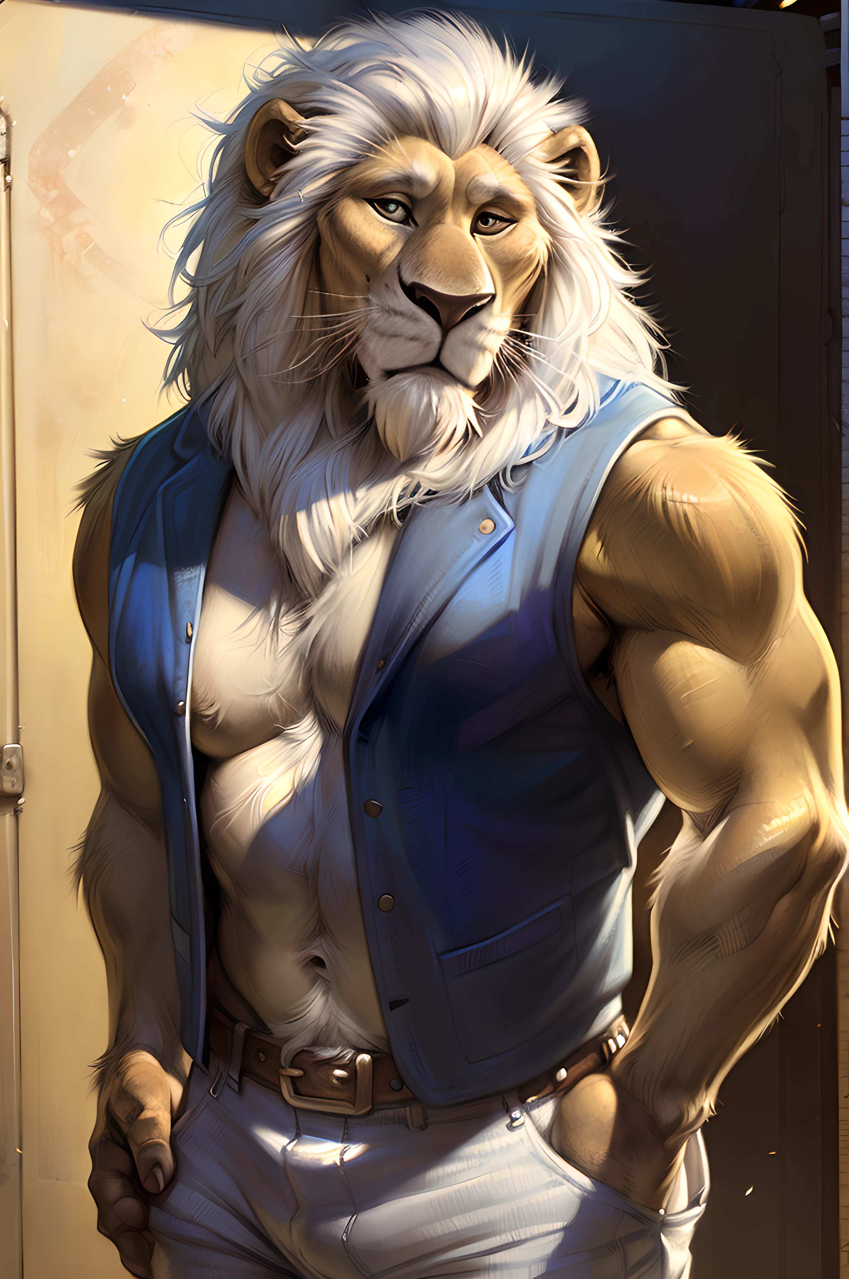 clay_calloway_(sing), (backstage background), (black vest, pale pants, belt:1.1), muscular, (heavyweight, cartoony proportions, cartoony anatomy:1.1), older male, male, white mane, masculine, lion, smile, smug smile, (by rukis, by darkgem, by taran fiddler), perfect colors, perfect shadows, detailed, flirting, looking at camera