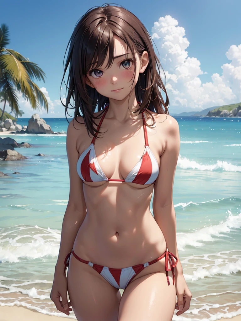 (​masterpiece), (top-quality), (Ultra Small Bikini:1.5), (blushed face:1.3), (hide crotch with both hands:1.3),  (Spilling boobs:1.4), (realistic:1.2), under the boobs, side boob is visible,  naked, 1 , precise hands, Embarrassed look, Smile, Very cute girl, s, Shining eyes, (The bikini is about to come off:1.5), small breast, Tummy is visible, cleavage of the breast is visible, the lower abdomen is visible, The crotch is visible, The beautiful skin, ultra-definition, Top resolution, japan high school student, brown hair, on the beach