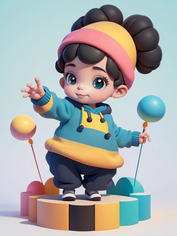 (obra-prima), (melhor qualidade), (ultra-detalhado), (corpo inteiro: 1.2) menina negra bonita e fofa, tema circus, capuz, moletom colorido, Knitted jumpsuits, Pants, jaqueta, blusa, sorriso claro, corpo inteiro, :3, fundo tom pastel , colorido e simples.