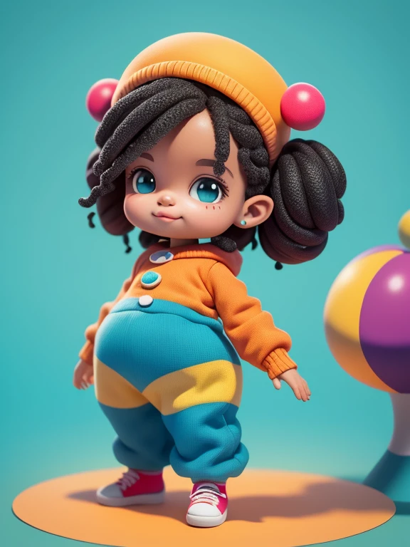 (obra-prima), (melhor qualidade), (ultra-detalhado), (corpo inteiro: 1.2) baby menina negra bonita e fofa, tema circus, capuz, moletom colorido, Knitted jumpsuits, Pants, jaqueta, blusa, sorriso claro, corpo inteiro, :3, fundo tom pastel , colorido e simples.