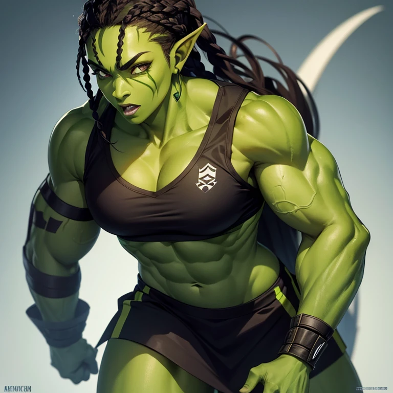 Female orc, black braided hair, green skin, lacrosse uniform, tall, muscular