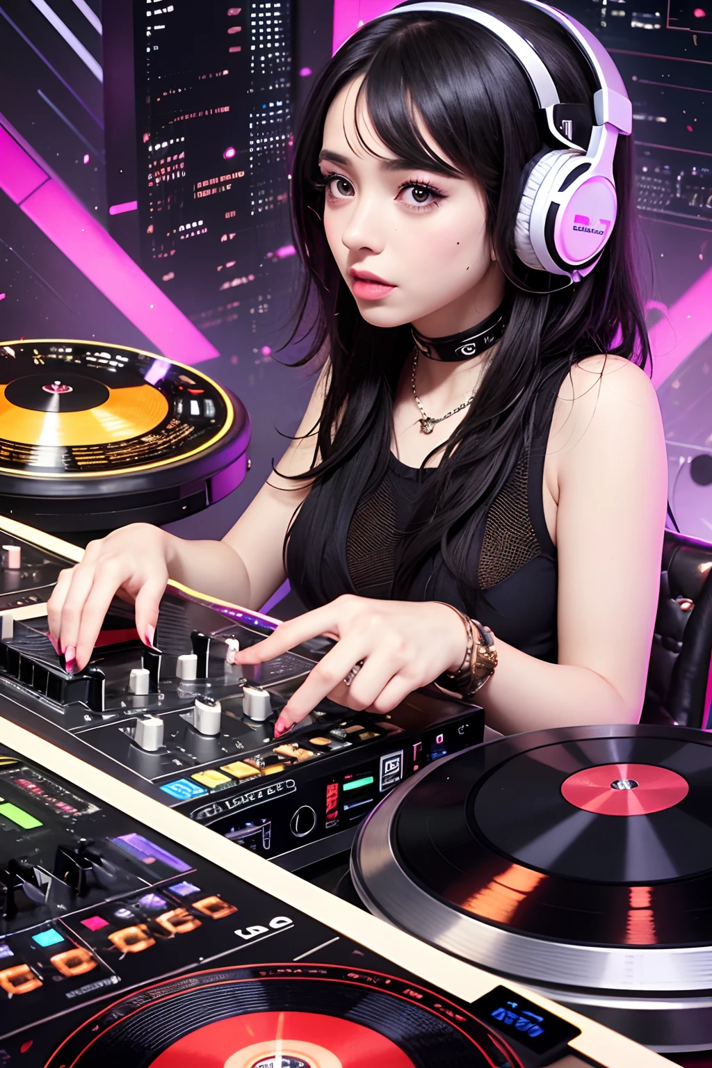 arafed woman in a black dress with headphones on mixing music, techno mystic goddess, wholesome techno - shaman lady, , twitch streamer, dj set, djing with dj turntables, , playing techno house music, doja cat