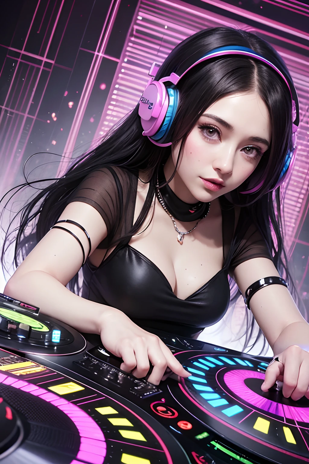 arafed woman in a black dress with headphones on mixing music, techno mystic goddess, wholesome techno - shaman lady, dj sura, dj, gorgeous stella maeve magician, liliana vess, beautiful stella maeve magician, twitch streamer, dj set, belle delphine, djing with dj turntables, angelawhite, playing techno house music, doja cat