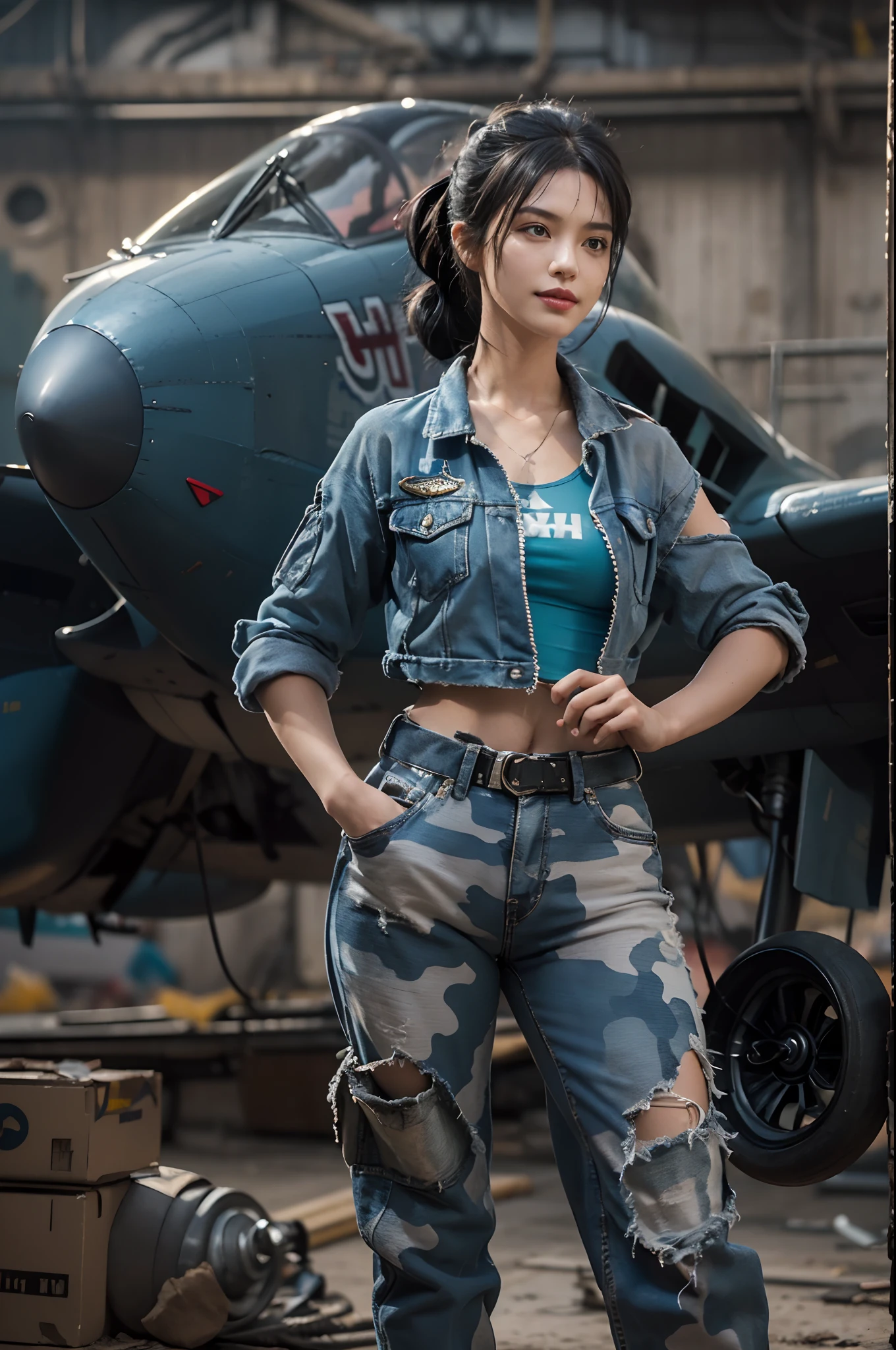 ((best quality)), ((masterpiece)), (detailed),a girl,solo,small head,small face,slim,thin,slender legs,mesmerizing and alluring female mechanic covered in grease,Confident smile
, (Dirty and rugged charm:1.2), (tough and confident demeanor:1.1), (mechanical expertise:1.3),((disheveled shoulder-length straight black bob hair)),((short pony tail)),smudged face with a playful smirk, (stained Blue camouflage jacket and blue camouflage pants clinging to her curves), (gritty tools of the trade:1.2), cluttered repair shop, scattered fighter plane parts, (authentic fighter plane ambiance:1.2), (intense gaze:1.1), gripping a wrench in her dirty hands, 8k resolution,looking at another, looking away,masterpiece, best quality,Photorealistic, ultra-high resolution, photographic light,Clavicle, cleavage
