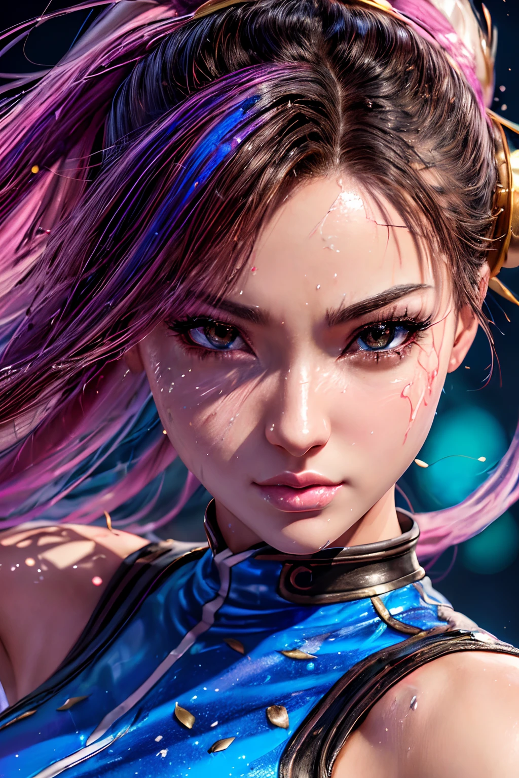 masterpiece, best quality, (extremely detailed CG unity 8k wallpaper, masterpiece, best quality, ultra-detailed, best shadow), (detailed background), (beautiful detailed face, beautiful detailed eyes), High contrast, (best illumination, an extremely delicate and beautiful),1girl,((colourful paint splashes on transparent background, dulux,)), ((caustic)), dynamic angle,beautiful detailed glow,full body, paint splash on face.  close up of a woman, , realistic anime 3 d style, android 18, seductive anime girl, anime realism style, attractive anime girl,beautiful alluring anime woman, looking Chun-Li,