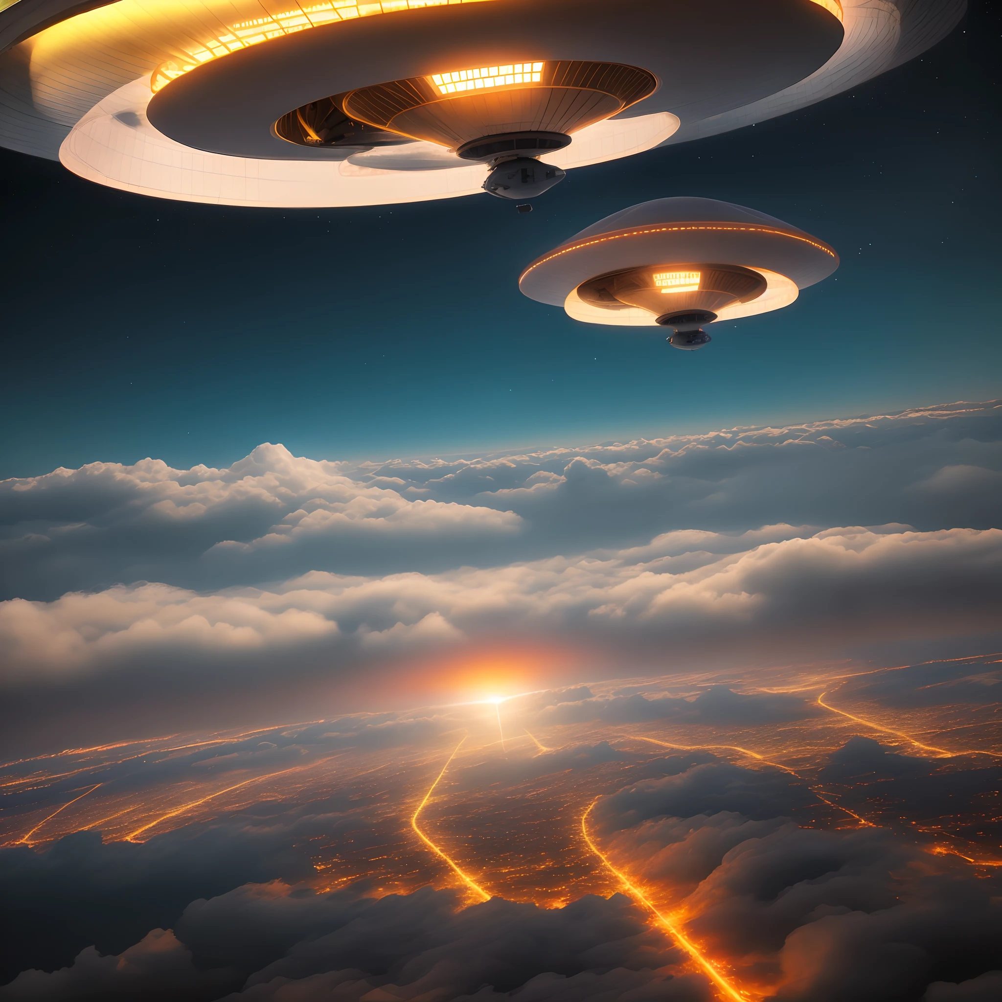 Realistic image better quality, flying source iluminate uap ovni ufo in sky, clouds, panoramic image, night