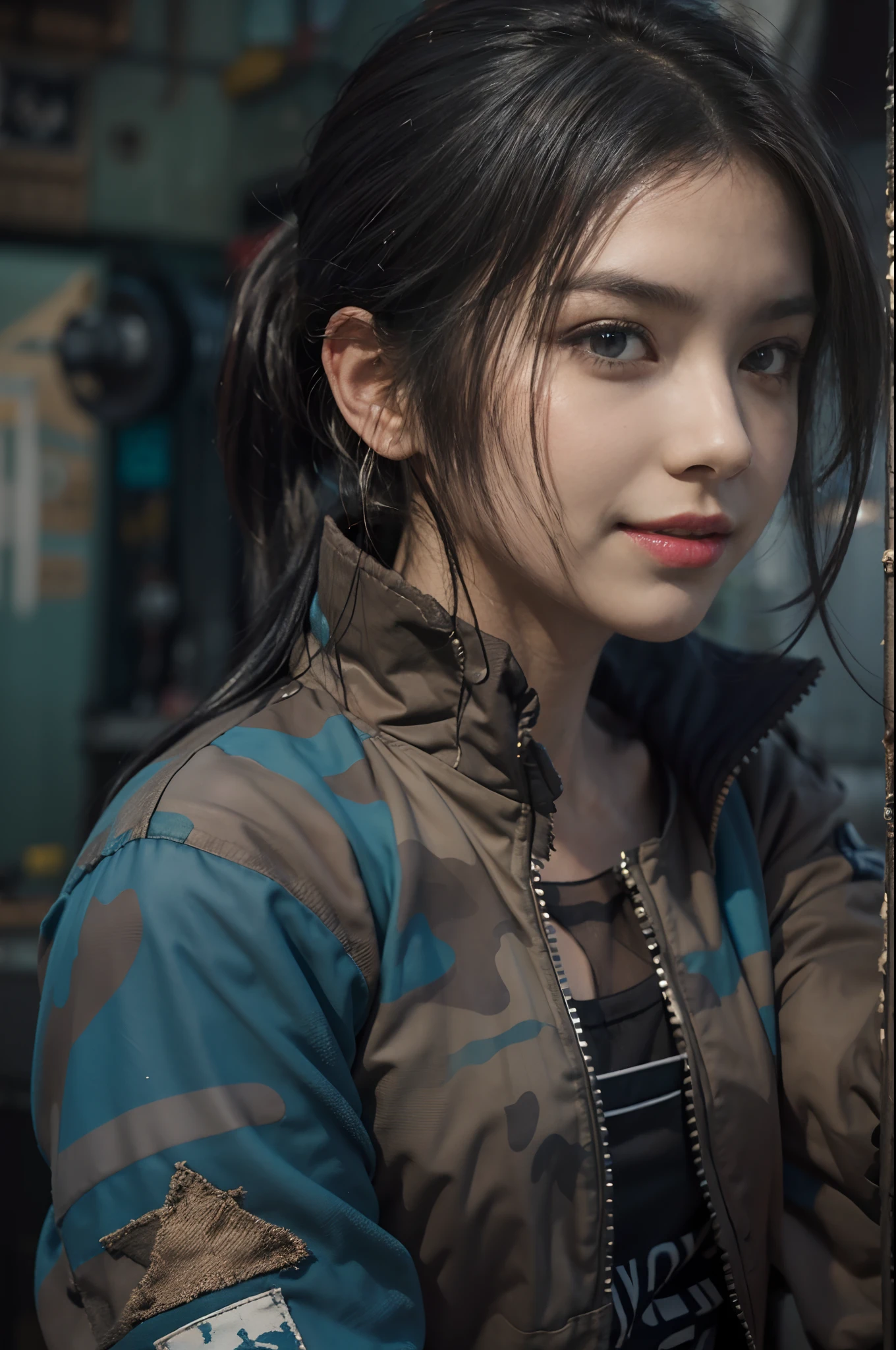 ((best quality)), ((masterpiece)), (detailed),a girl,solo,small head,small face,slim,thin,slender legs,mesmerizing and alluring female mechanic covered in grease,Confident smile
, (Dirty and rugged charm:1.2), (tough and confident demeanor:1.1), (mechanical expertise:1.3),((disheveled shoulder-length straight black bob hair)),((short pony tail)),smudged face with a playful smirk, (stained Blue camouflage jacket and blue camouflage pants clinging to her curves), (gritty tools of the trade:1.2), cluttered repair shop, scattered fighter plane parts, (authentic fighter plane ambiance:1.2), (intense gaze:1.1), gripping a wrench in her dirty hands, 8k resolution,looking at another, looking away,masterpiece, best quality,Photorealistic, ultra-high resolution, photographic light