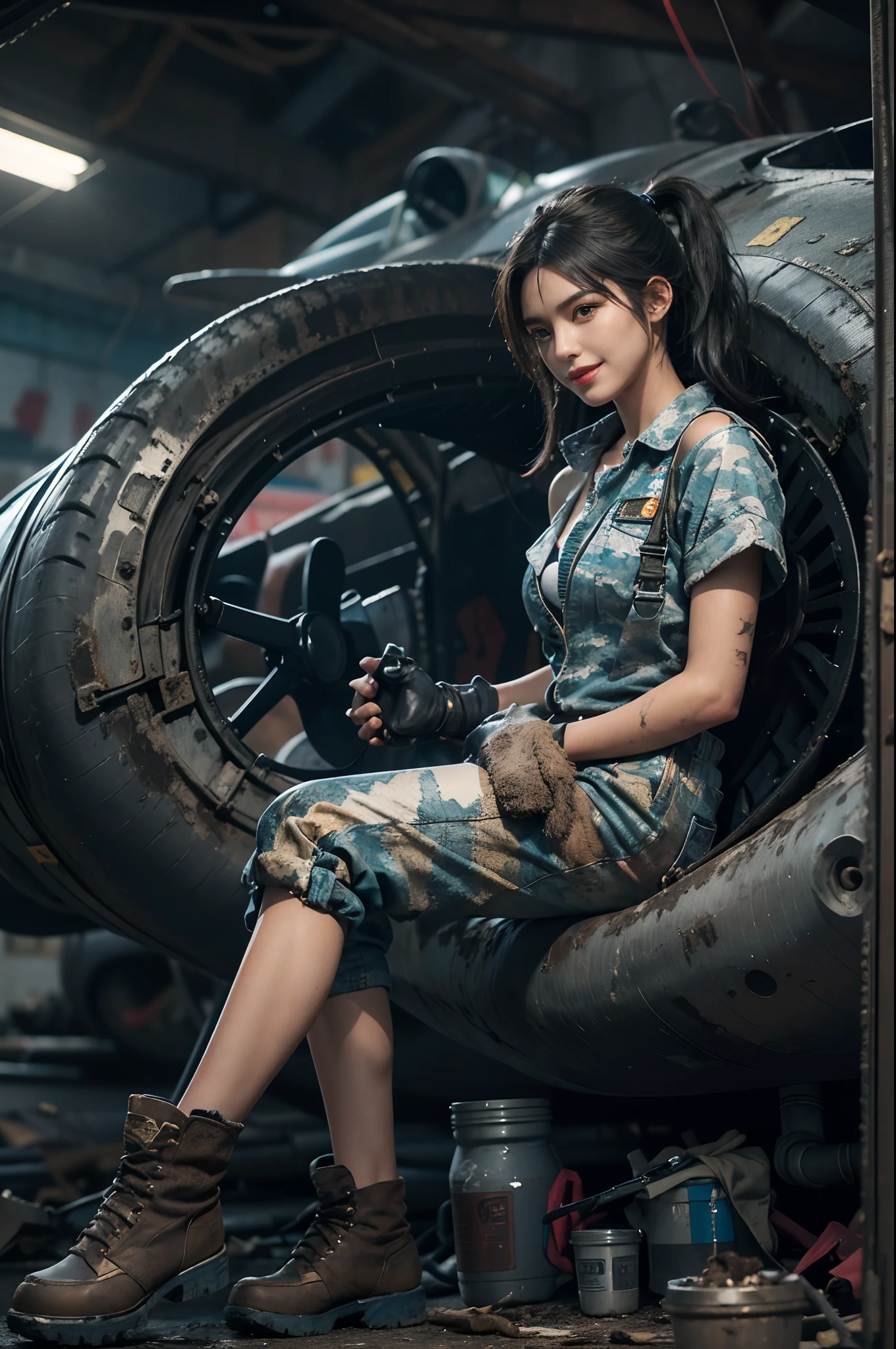 ((best quality)), ((masterpiece)), (detailed),a girl,solo,small head,small face,slim,thin,slender legs,mesmerizing and alluring female mechanic covered in grease,Confident smile
， (Dirty and rugged charm:1.2), (tough and confident demeanor:1.1), (mechanical expertise:1.3),((disheveled shoulder-length straight black bob hair)),((short pony tail)),smudged face with a playful smirk, (stained Blue camouflage jacket and blue camouflage pants clinging to her curves), (gritty tools of the trade:1.2), cluttered repair shop, scattered fighter plane parts, (authentic fighter plane ambiance:1.2), (intense gaze:1.1), gripping a wrench in her dirty hands, 8k resolution,looking at another, looking away,masterpiece, best quality,Photorealistic, ultra-high resolution, photographic light