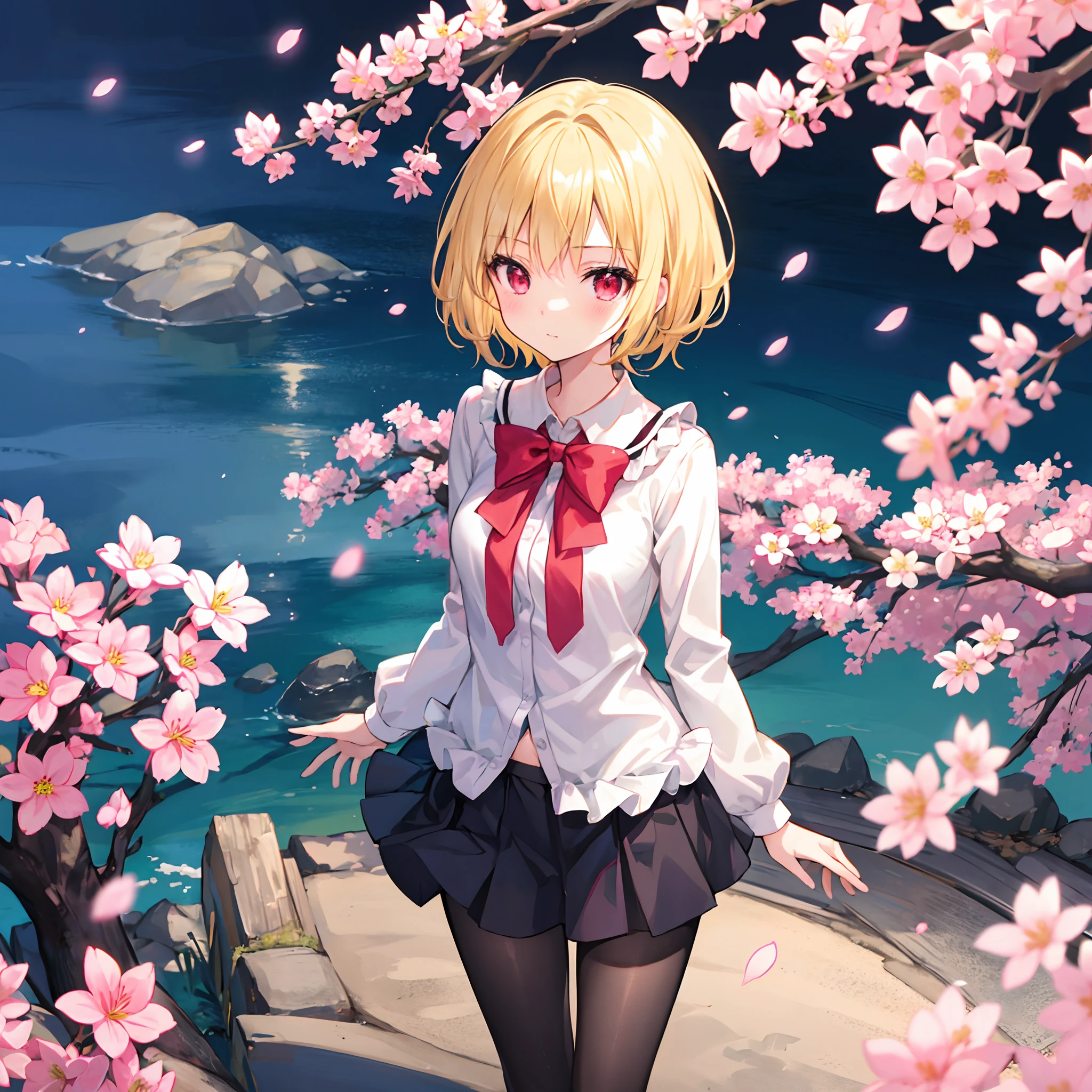 short blonde hair、Beautiful girl with red eyes１a person、独奏、Lots of cherry blossom trees、a miniskirt、Black tights、