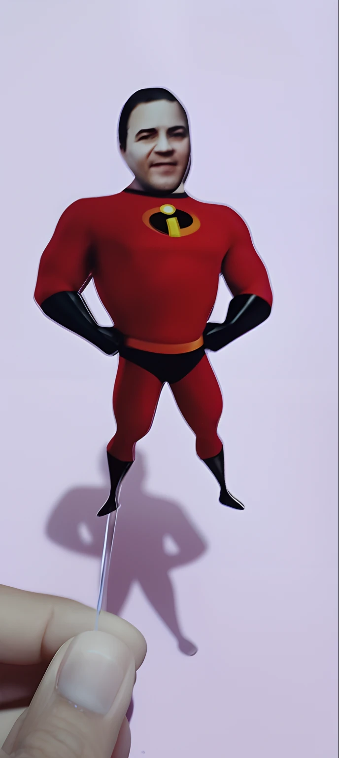 Someone is holding a small toy of a man in a red suit, personagem Pixar, Personagem ideal da Pixar, Representado como um personagem da Pixar, Iconic character of high detail, pixar rendering, pixar octane render, Pixar. octan render, Pixar retrato 8 k foto, iconic film character, character is standing, renderizar na Pixar, Pixar 3D rendering, Pose de personagem, iconic character