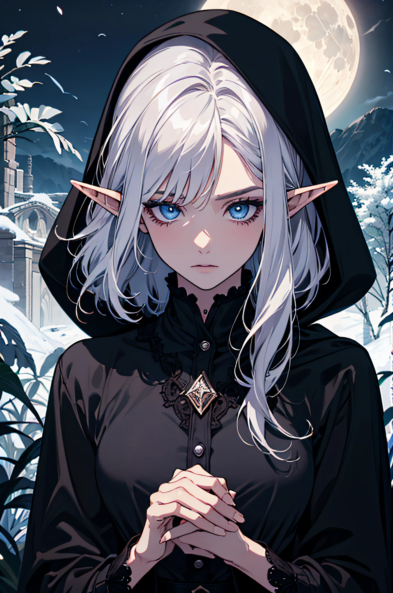 (absurdres, highres, ultra detailed), 1 woman, adult, beautiful, white girl, elf, pointy ears, long white hair, cristal blue eyes, dark makeup, finely detailed eyes and detailed face, fantasy, night, dark theme, cinematic lighting, colorful, portrait , flying petal, cloudy sky, dark forest, moon, black clothes, dark theme, night, dark nigth, detailed eyes, dark lighting, elf, rogue, with bow in hands, black cape