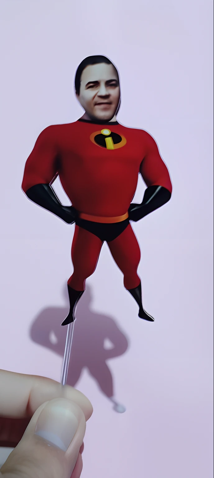 Someone is holding a small toy of a man in a red suit, personagem Pixar, Personagem ideal da Pixar, Representado como um personagem da Pixar, Iconic character of high detail, pixar rendering, pixar octane render, Pixar. octan render, Pixar retrato 8 k foto, iconic film character, character is standing, renderizar na Pixar, Pixar 3D rendering, Pose de personagem, iconic character