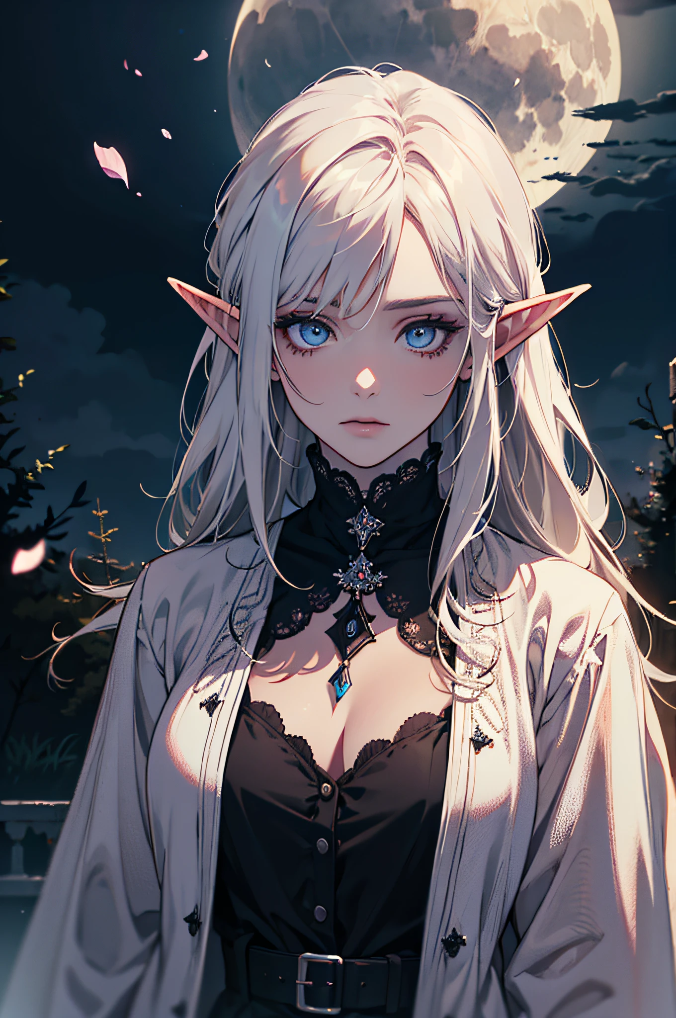 (absurdres, highres, ultra detailed), 1 woman, adult, beautiful, white girl, elf, pointy ears, long white hair, cristal blue eyes, dark makeup, finely detailed eyes and detailed face, fantasy, night, dark theme, cinematic lighting, colorful, portrait , flying petal, cloudy sky, dark forest, moon, black clothes, dark theme, night, dark nigth, detailed eyes, dark lighting, elf, rogue, with bow in hands, black cape