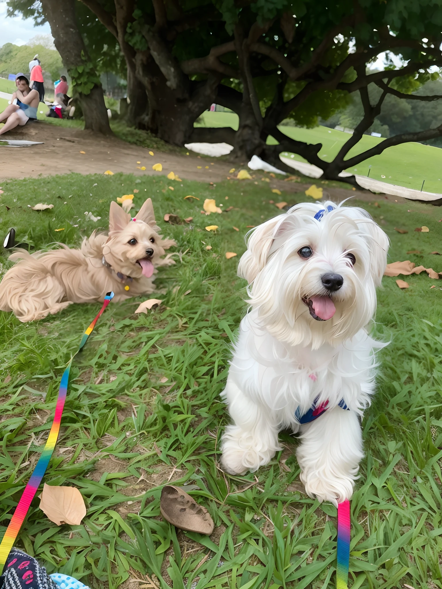There are two dogs that are sitting on the grass, Two dogs, chinese crested powderpuff dog, small white dog at her side, both smiling for the camera, havanese dog, Mistura de Corgi e Doodle, em um parque, with dogs, no parque, aw, no Parque, Caminhando no Parque, Yorkshire Terrier, dogs, Feliz!!!