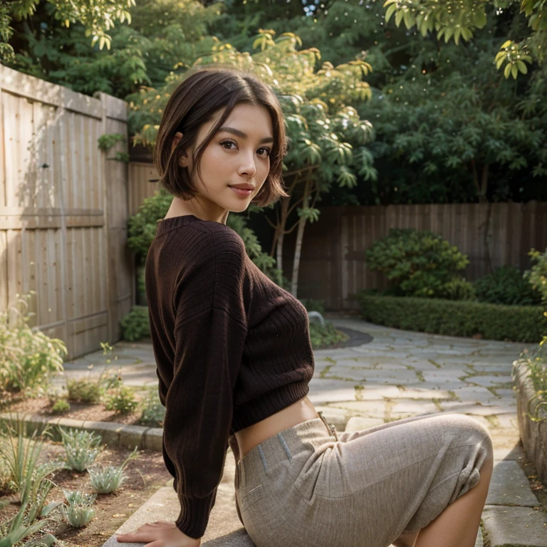 (Best quality, 8k, 32k, Masterpiece, UHD:1.2),Photo of Pretty Japanese woman, 1girl, (medium-short dark brown hair), double eyelid, large breasts, CLOSE-UP PHOTOGRAPHY , fashion model posing, smile, Stylish accessories, from side, medium-short hair, Safe posture, quiet garden, alcohol, sweater, pants