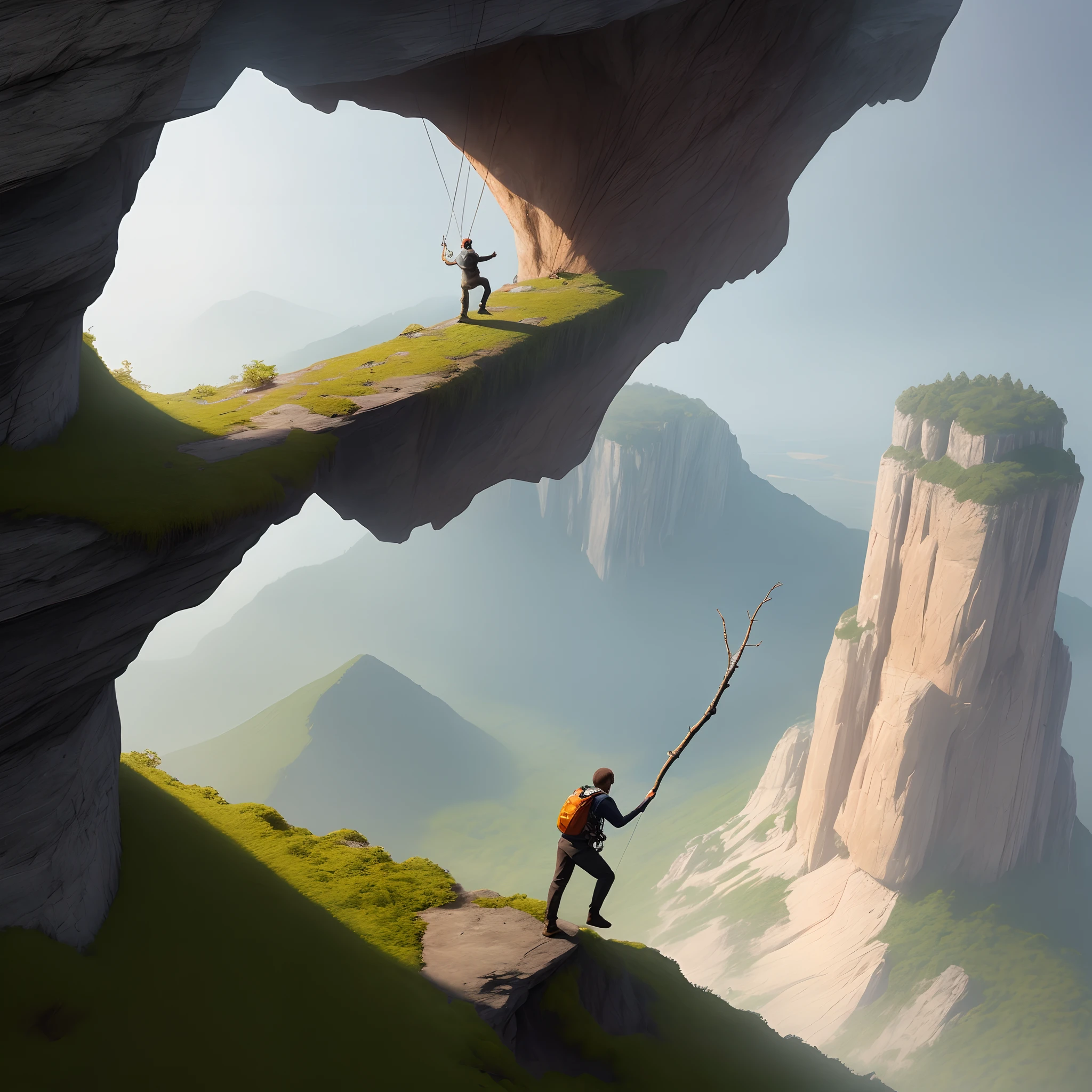 A guy dangling off a cliff and holding onto a twig
